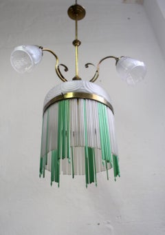 1900s, Art Nouveau 4-Lights Chandelier with Carved Glass