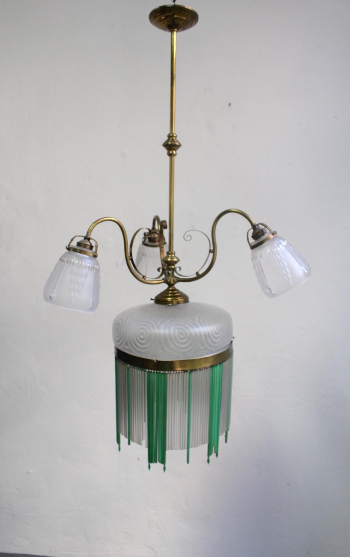 Spanish 1900s, Art Nouveau 4-Lights Chandelier with Carved Glass For Sale