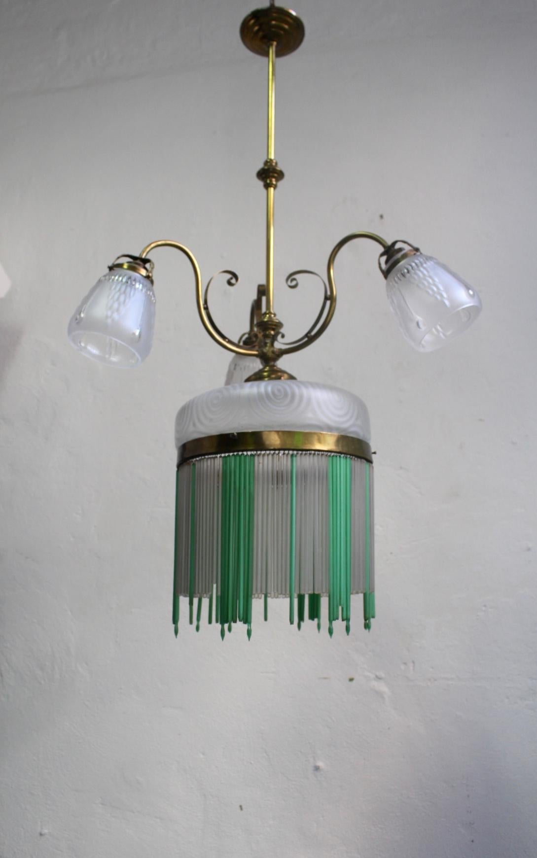 Frosted 1900s, Art Nouveau 4-Lights Chandelier with Carved Glass For Sale