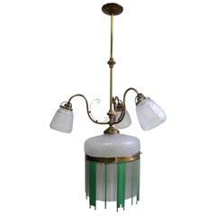 1900s, Art Nouveau 4-Lights Chandelier with Carved Glass