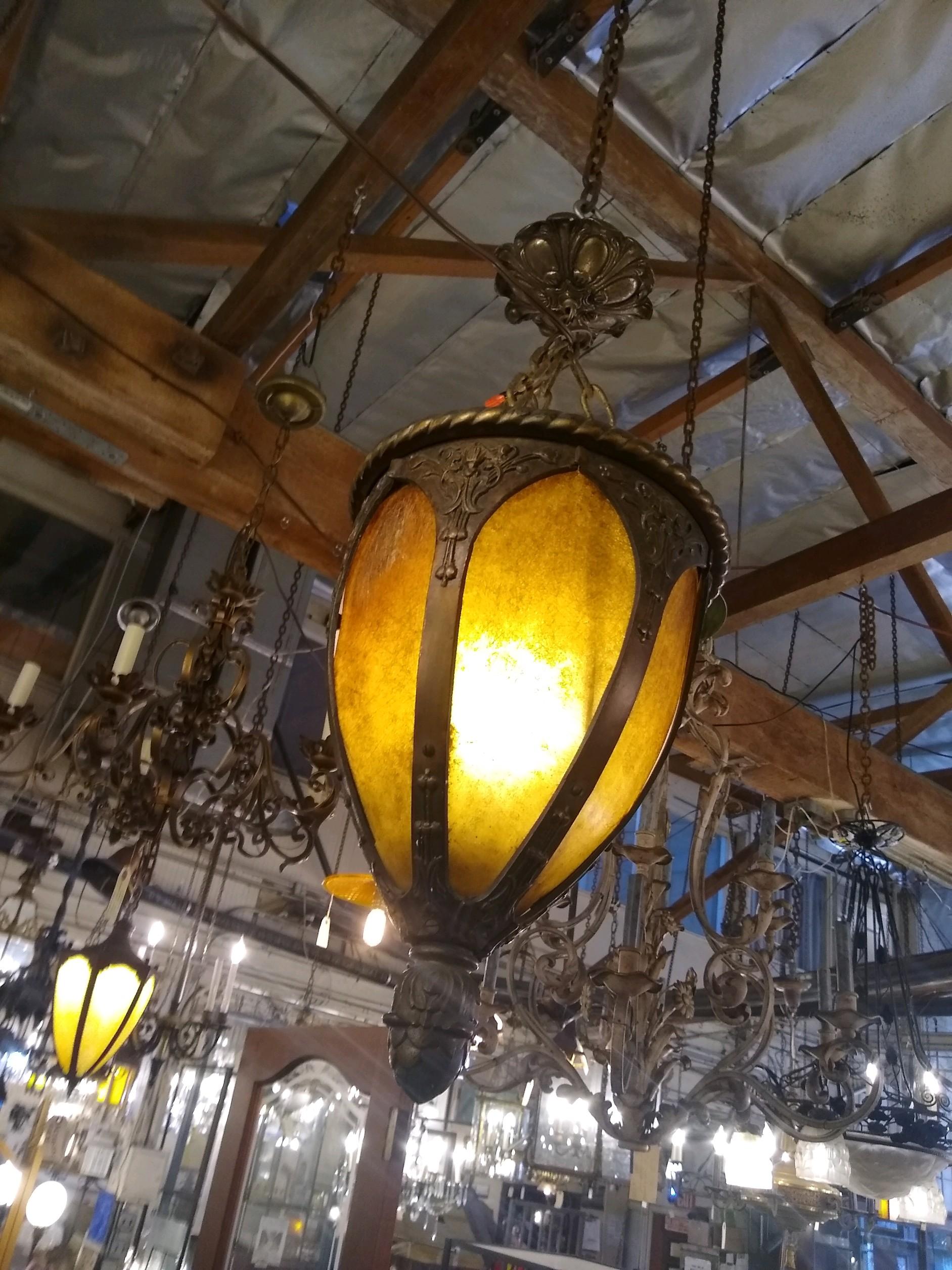 Early 20th Century 1900s Art Nouveau Bronze Pendant Entryway Lantern Light with Mica Shades