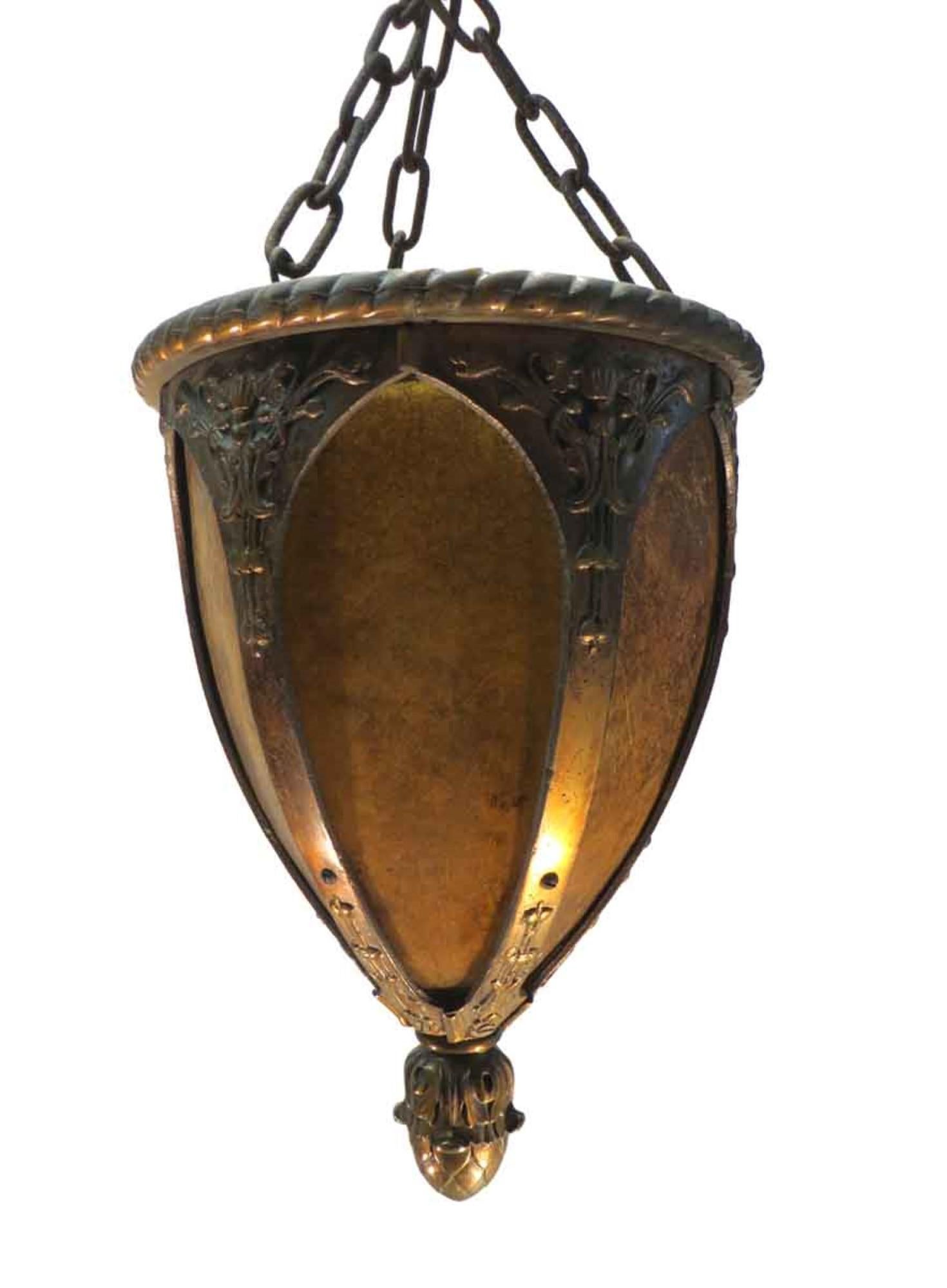 1900s entryway pendant lantern light with Art Nouveau details in cast bronze with mica shades and canopy. Cleaned and rewired.