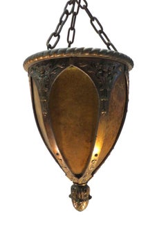 1900s Art Nouveau Bronze Pendant Entryway Lantern Light with Mica Shades