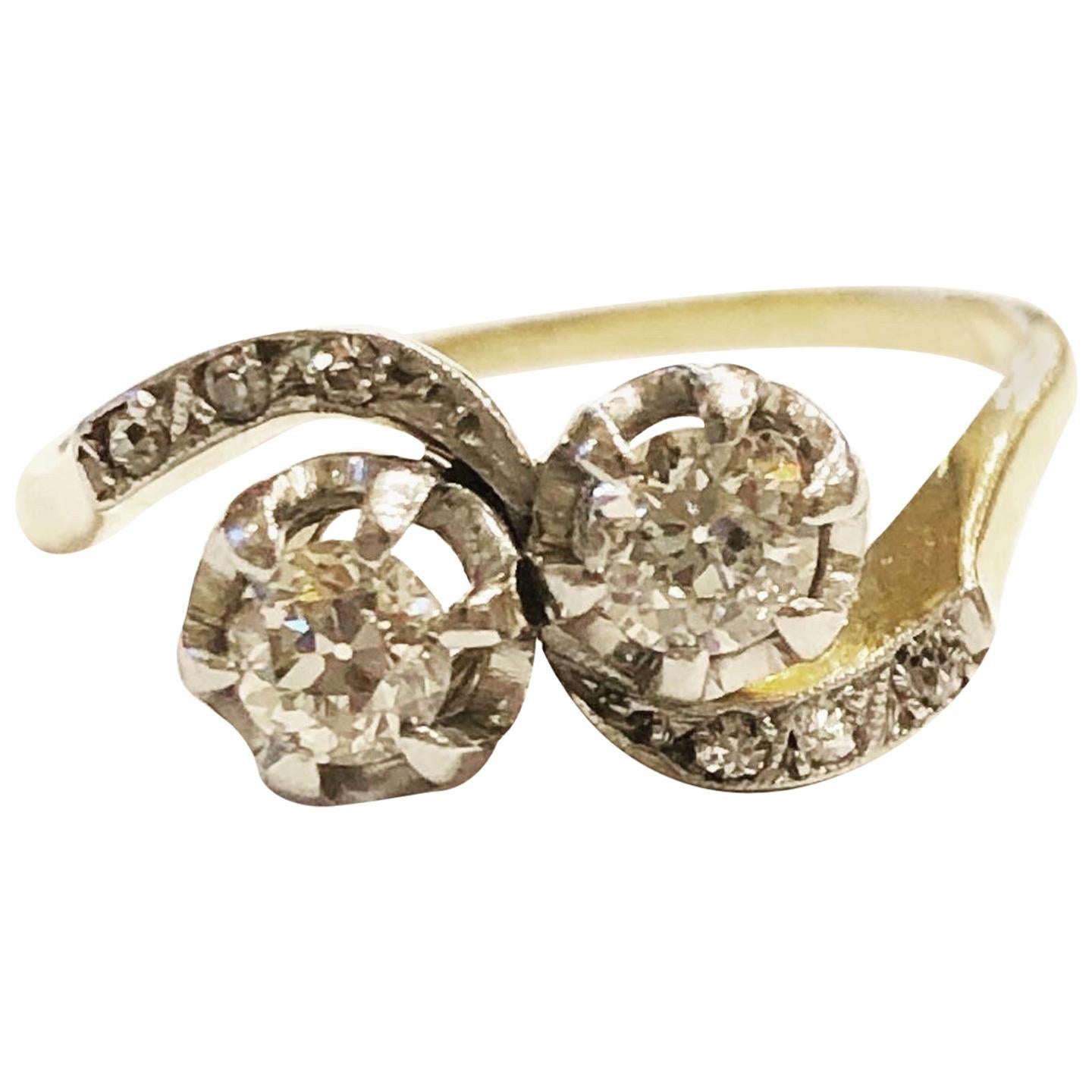 1930s Art Nouveau 18K Yellow Gold Diamond Engagement Bridal Ring