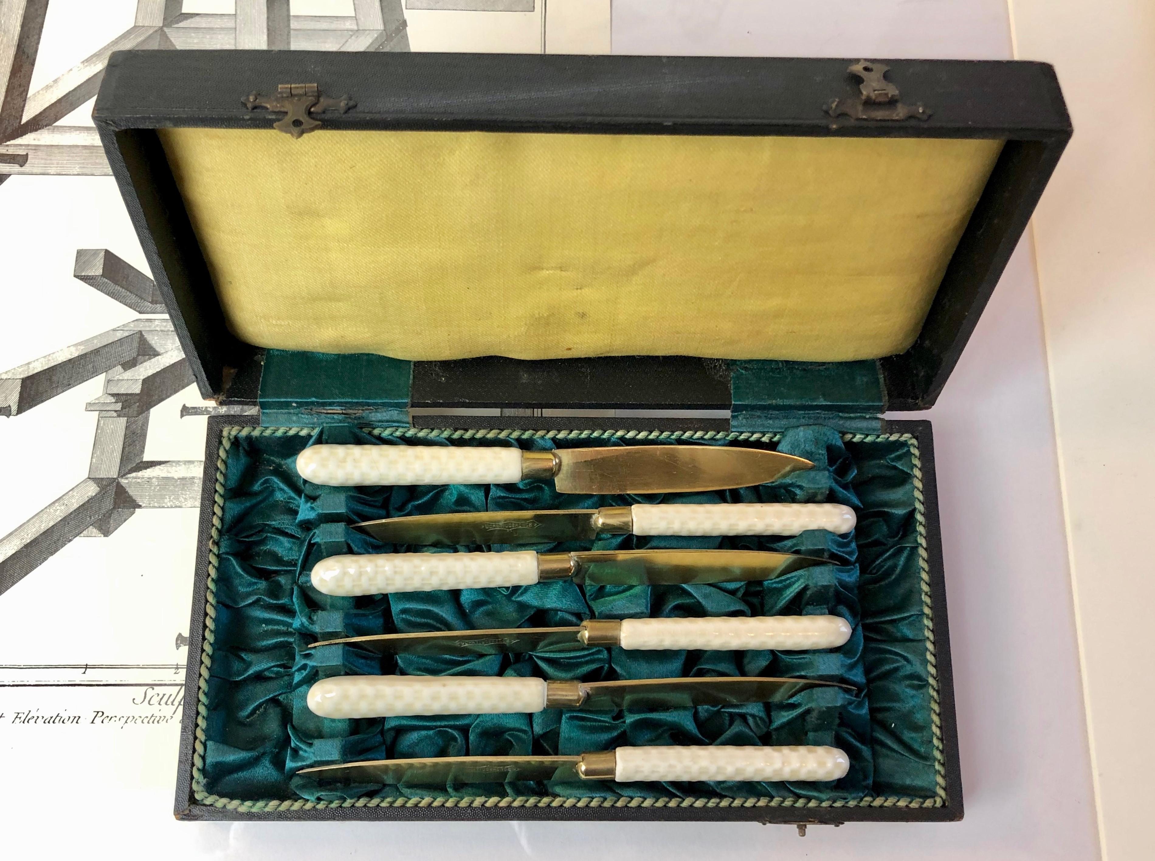 1900s Art Nouveau Fruit Knifes, Set of 6, Bronze & Porcelain Handles, Germany For Sale 5