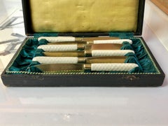 1900s Art Nouveau Fruit Knifes, Set of 6, Bronze & Porcelain Handles, Germany