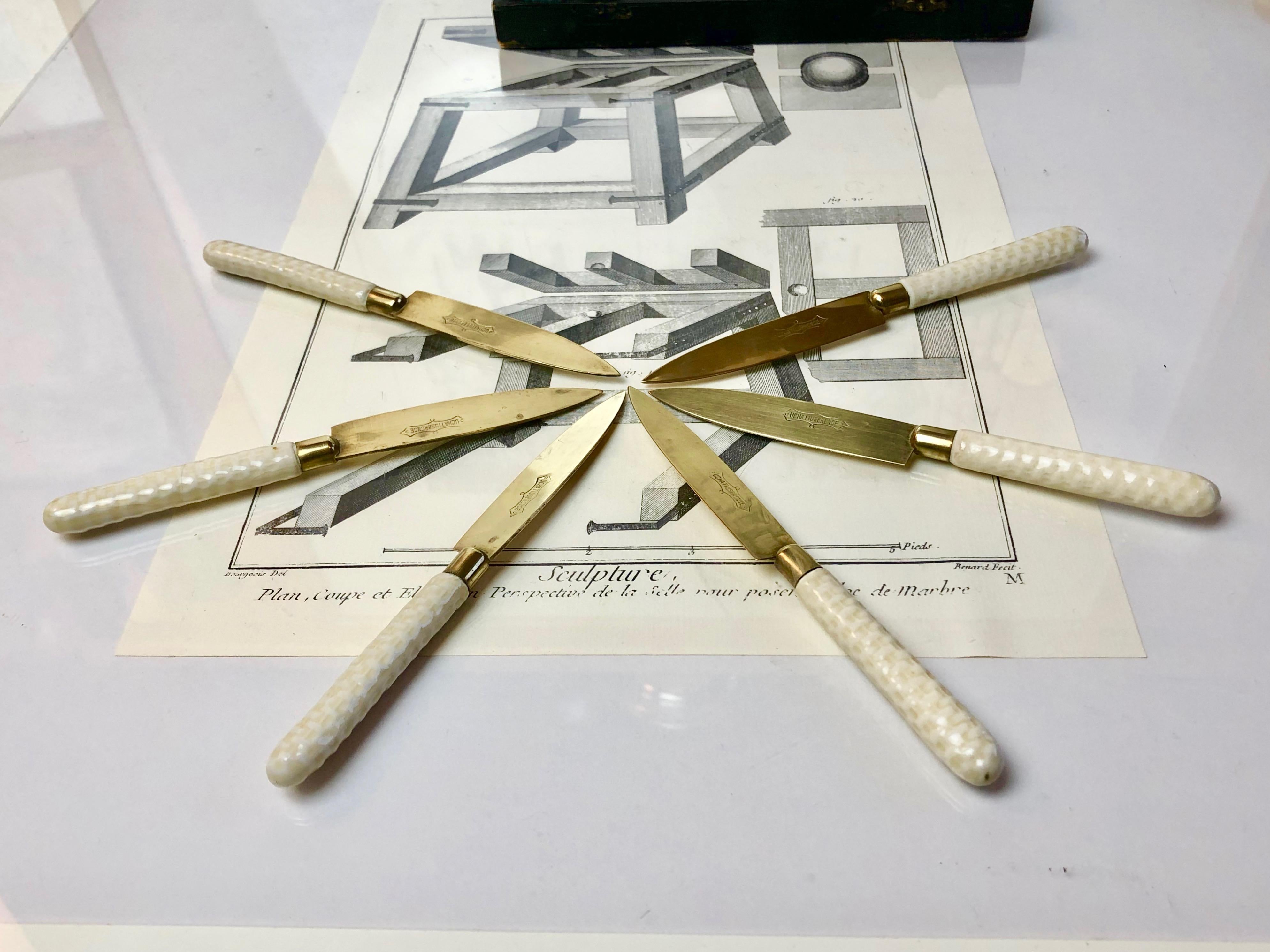 Hand-Crafted 1900s Art Nouveau Fruit Knifes, Set of 6, Bronze & Porcelain Handles, Germany For Sale