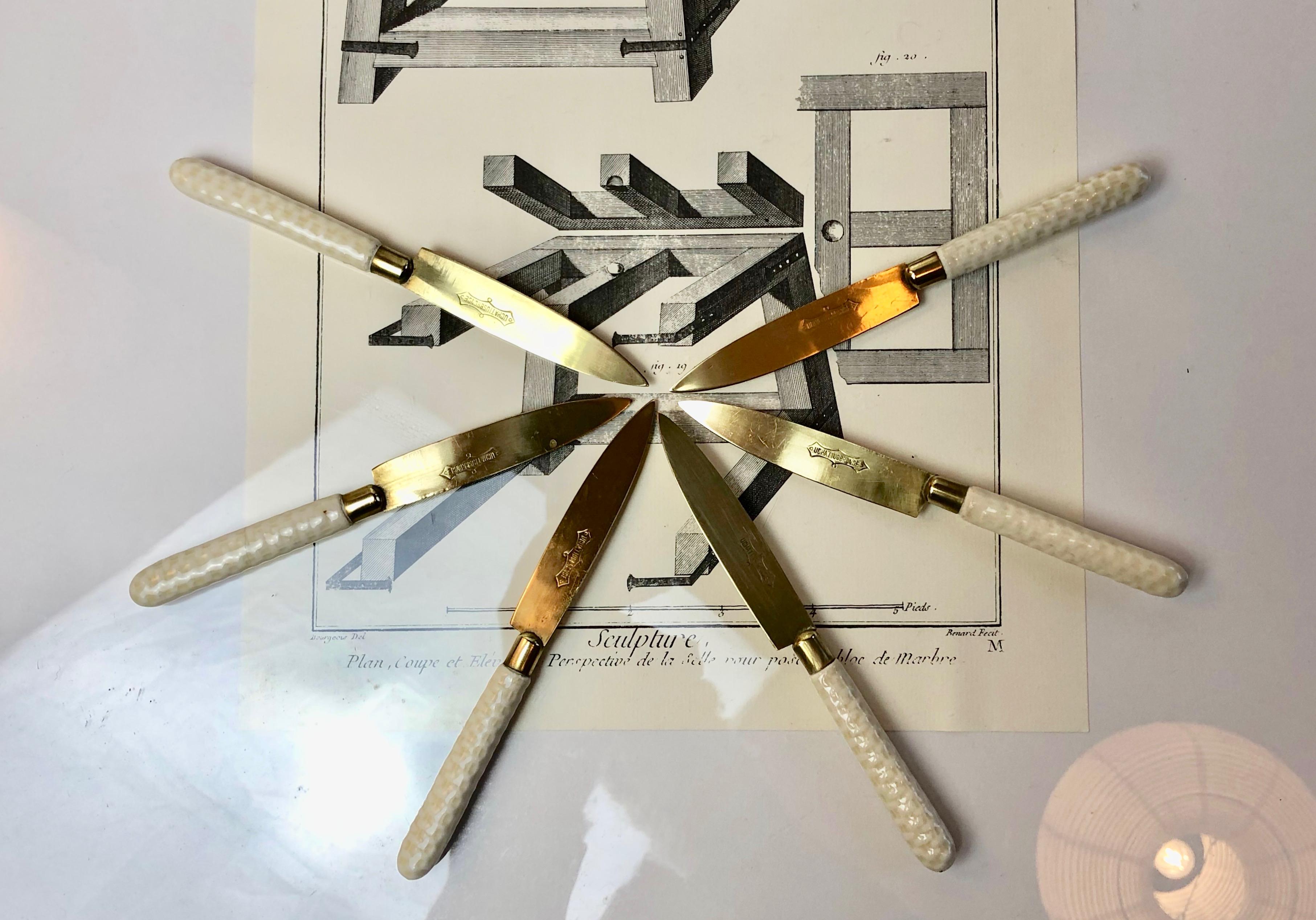 1900s Art Nouveau Fruit Knifes, Set of 6, Bronze & Porcelain Handles, Germany In Good Condition For Sale In Andernach, DE
