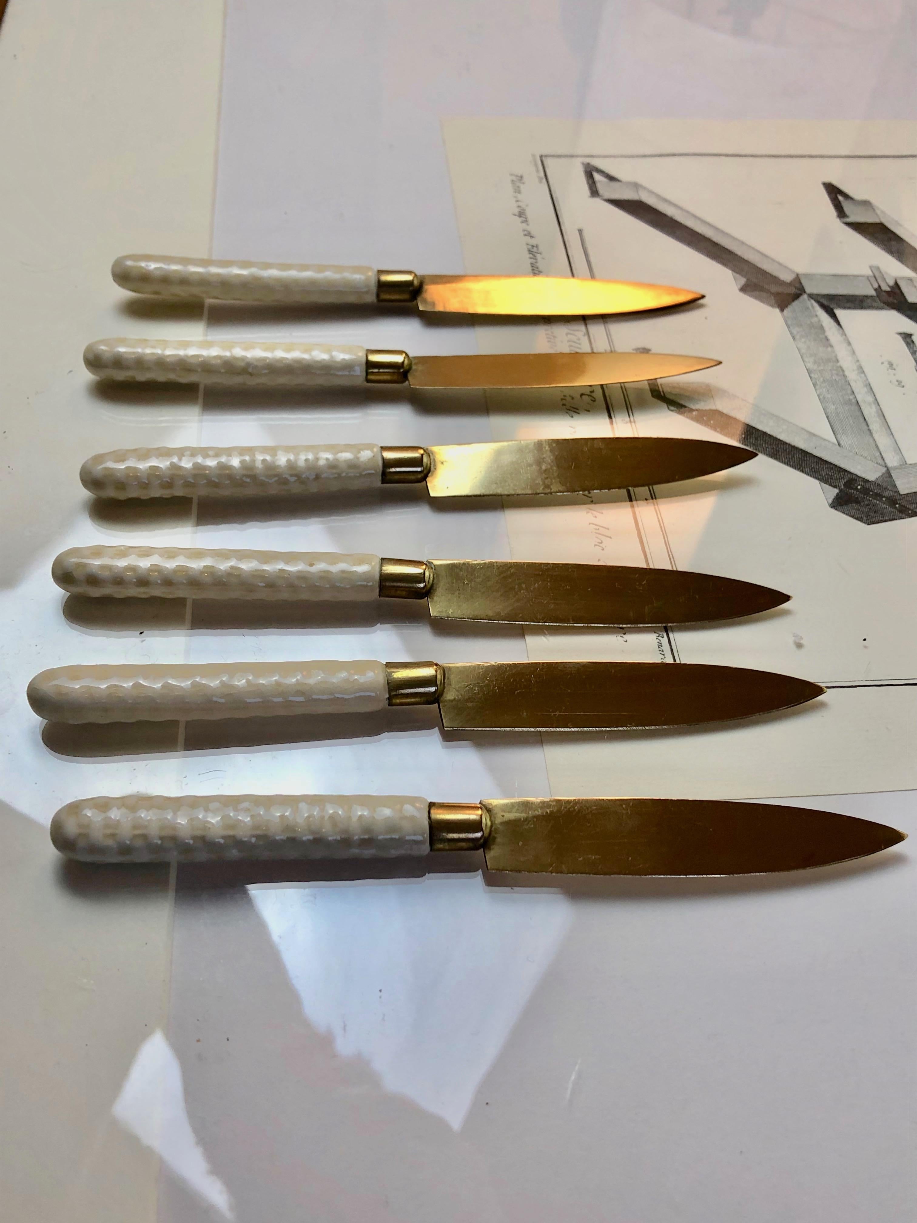 20th Century 1900s Art Nouveau Fruit Knifes, Set of 6, Bronze & Porcelain Handles, Germany For Sale