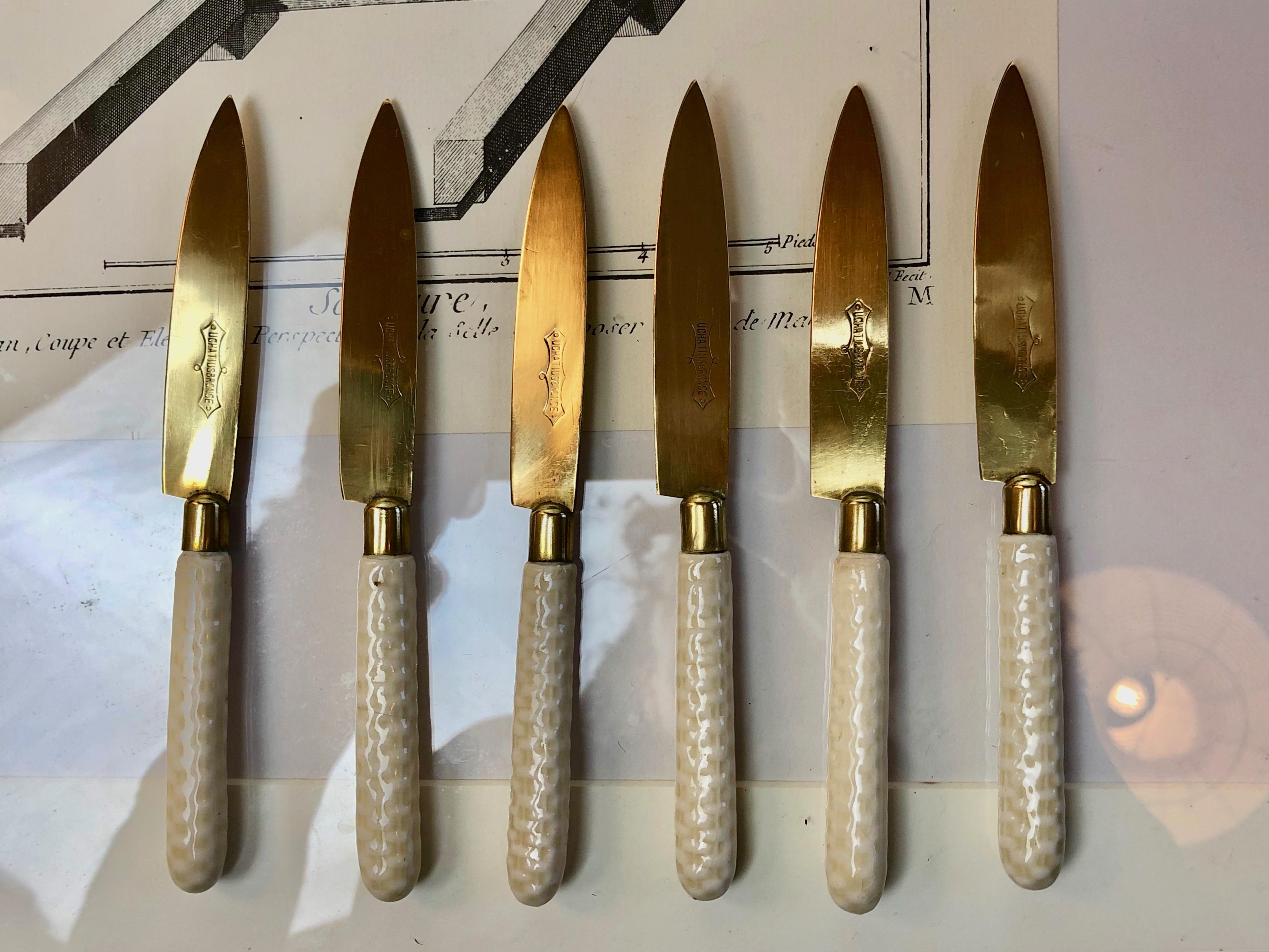 1900s Art Nouveau Fruit Knifes, Set of 6, Bronze & Porcelain Handles, Germany For Sale 1