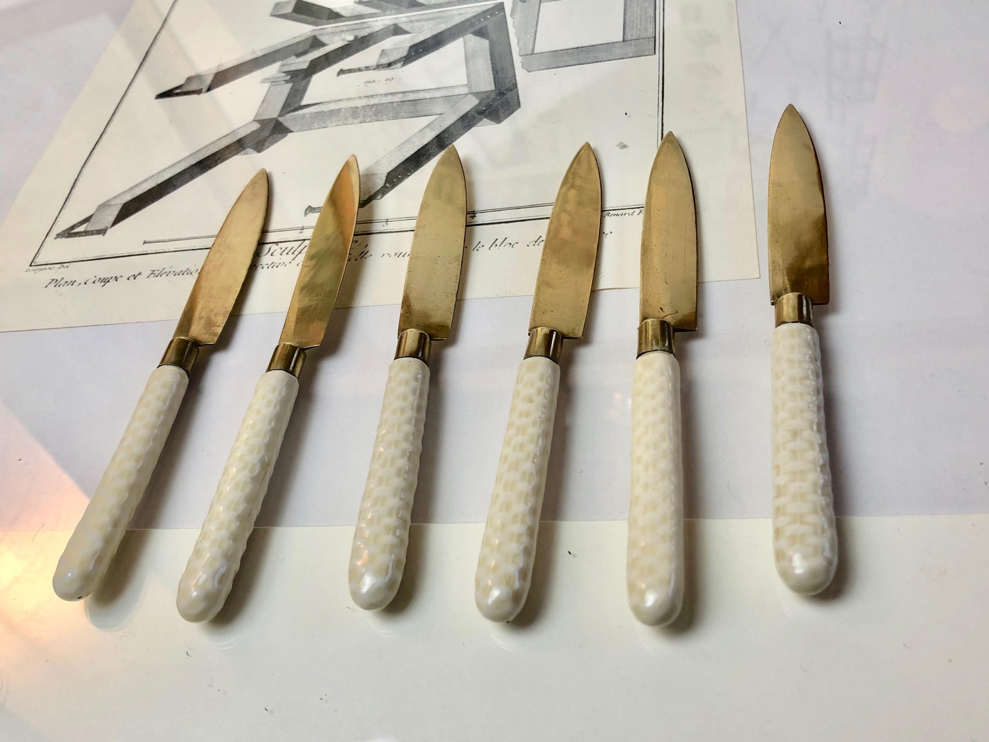 1900s Art Nouveau Fruit Knifes, Set of 6, Bronze & Porcelain Handles, Germany For Sale 2