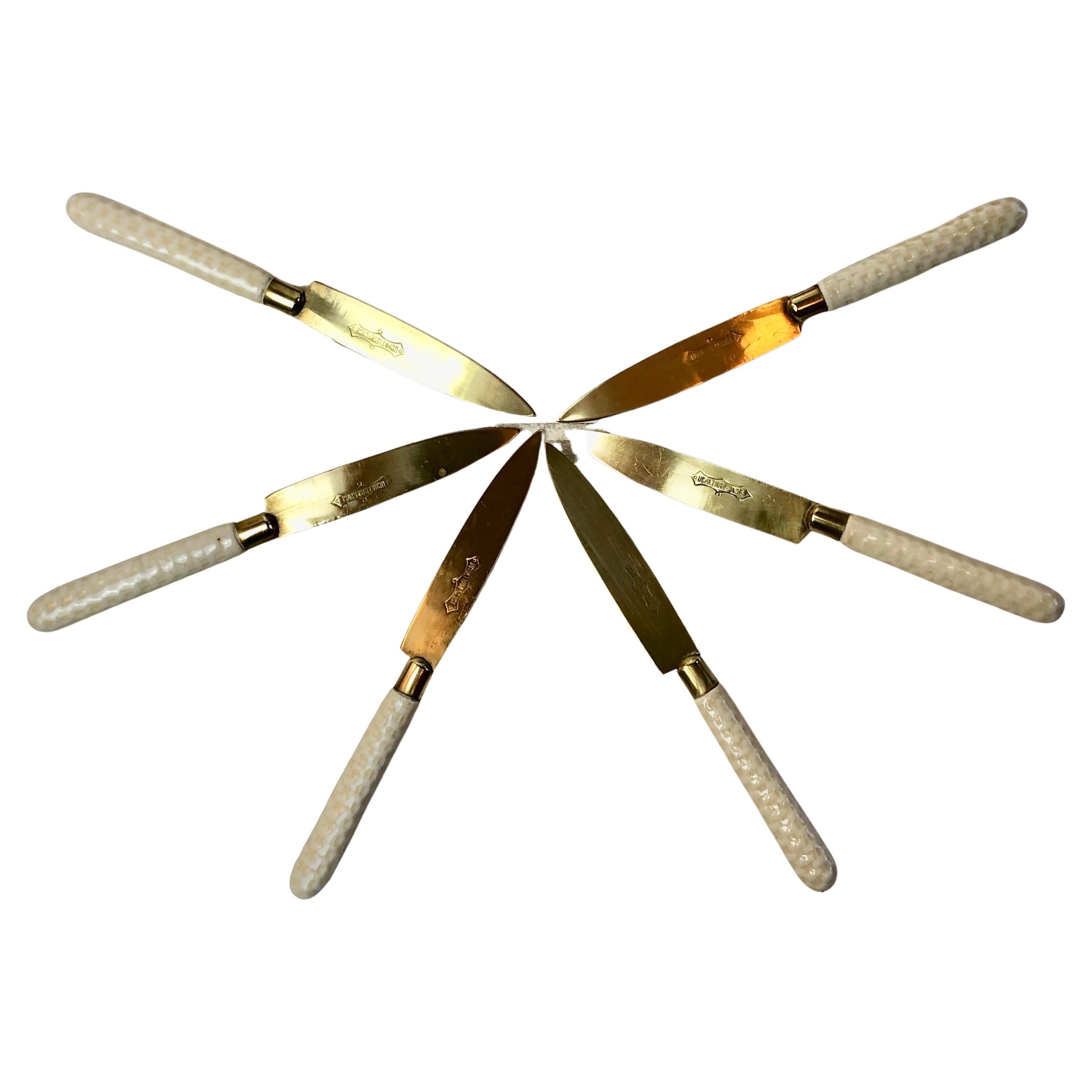 1900s Art Nouveau Fruit Knifes, Set of 6, Bronze & Porcelain Handles, Germany For Sale