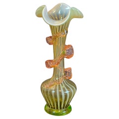 1900s Art Nouveau Glass Vase Pink Frill 
Zebra Green Calyx