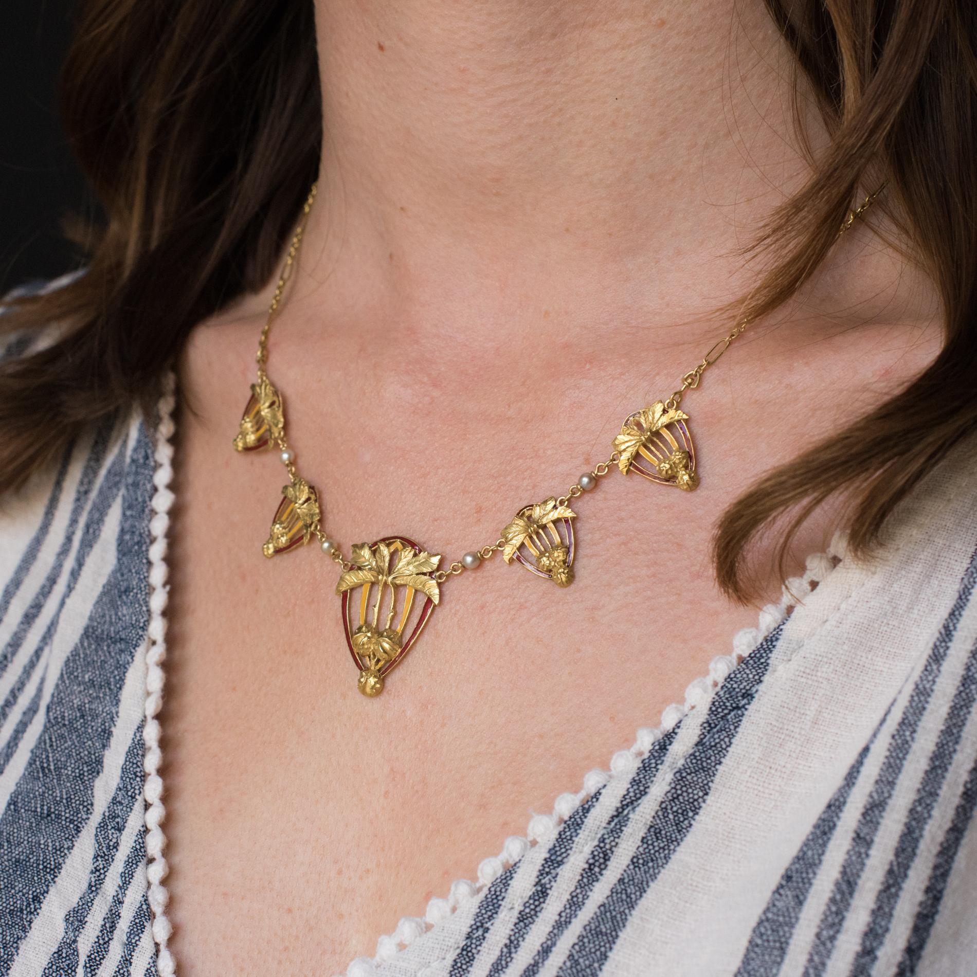 Women's 1900s Art Nouveau Gold Natural Pearl Enamel Drapery Necklace