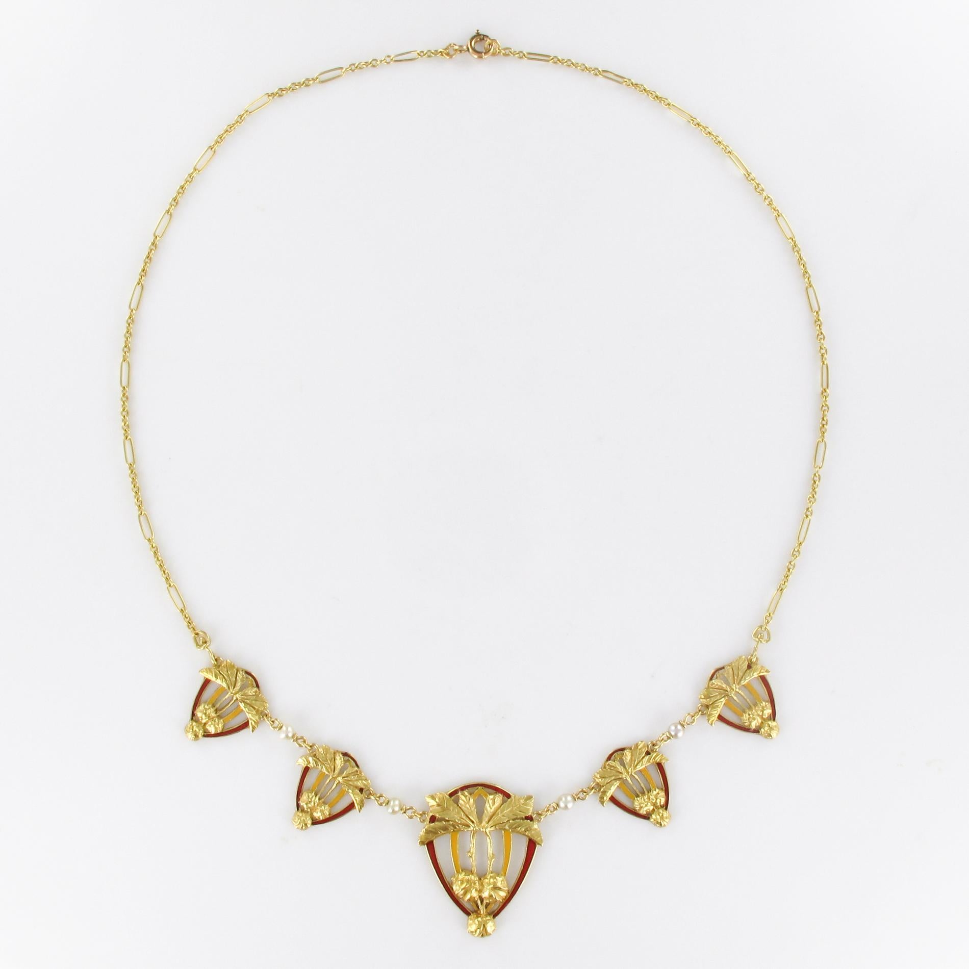1900s Art Nouveau Gold Natural Pearl Enamel Drapery Necklace 1