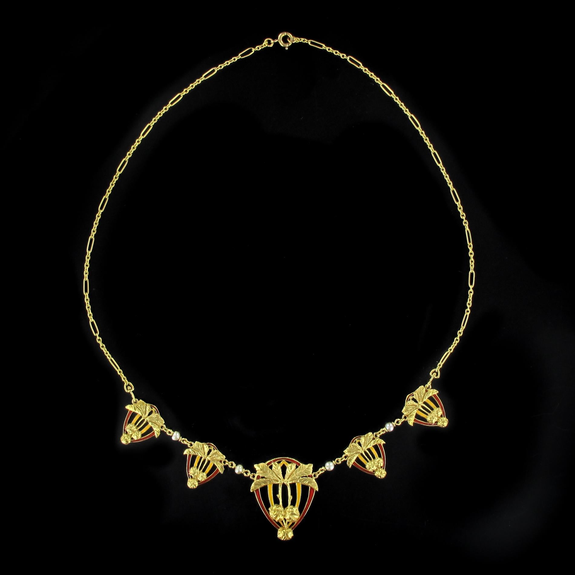 1900s Art Nouveau Gold Natural Pearl Enamel Drapery Necklace 2