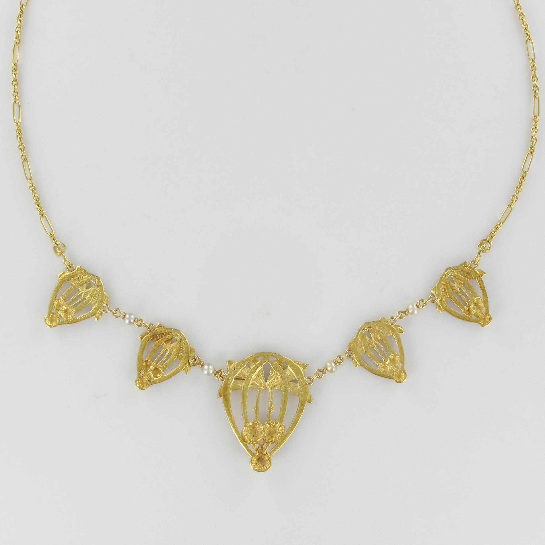 1900s Art Nouveau Gold Natural Pearl Enamel Drapery Necklace 3