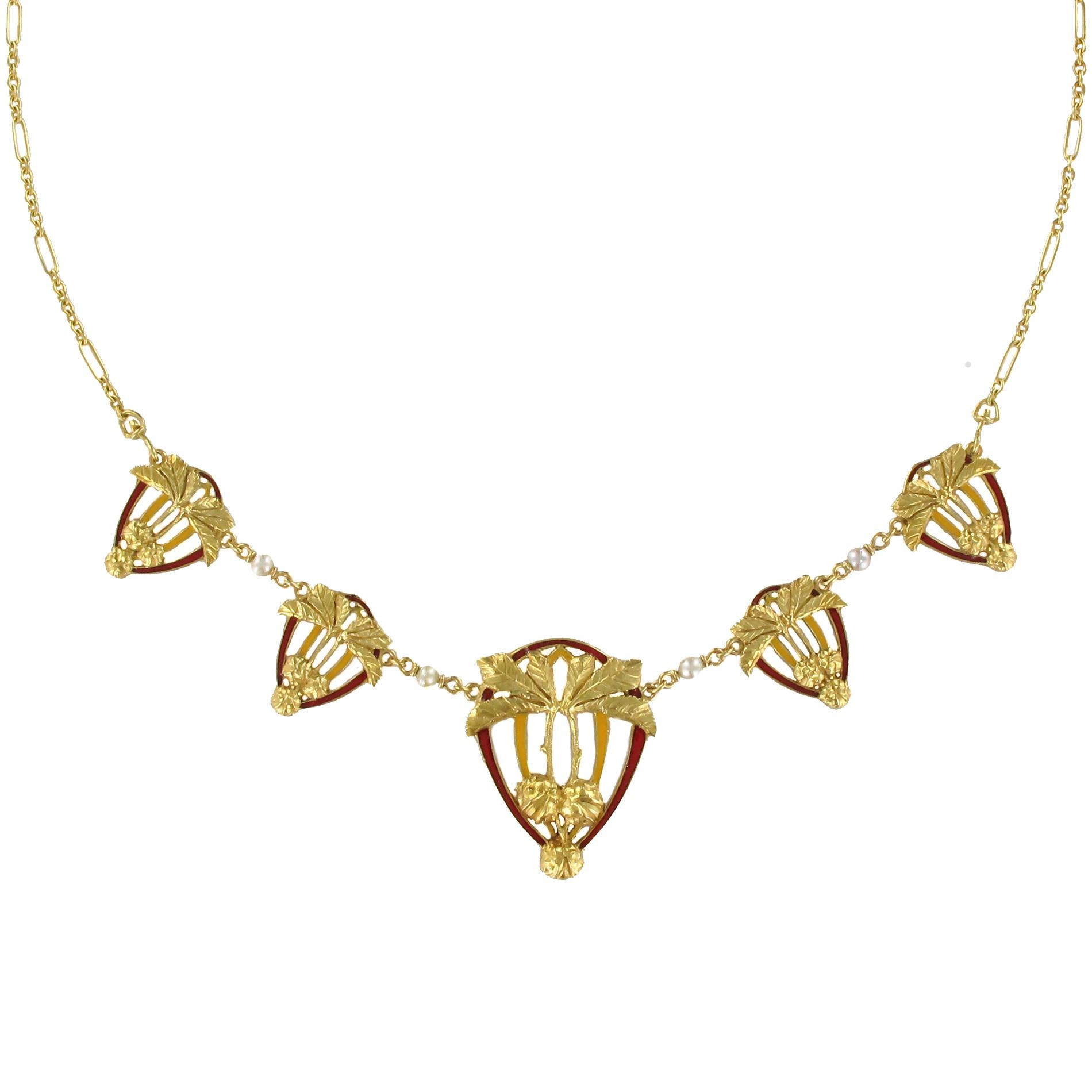 1900s Art Nouveau Gold Natural Pearl Enamel Drapery Necklace