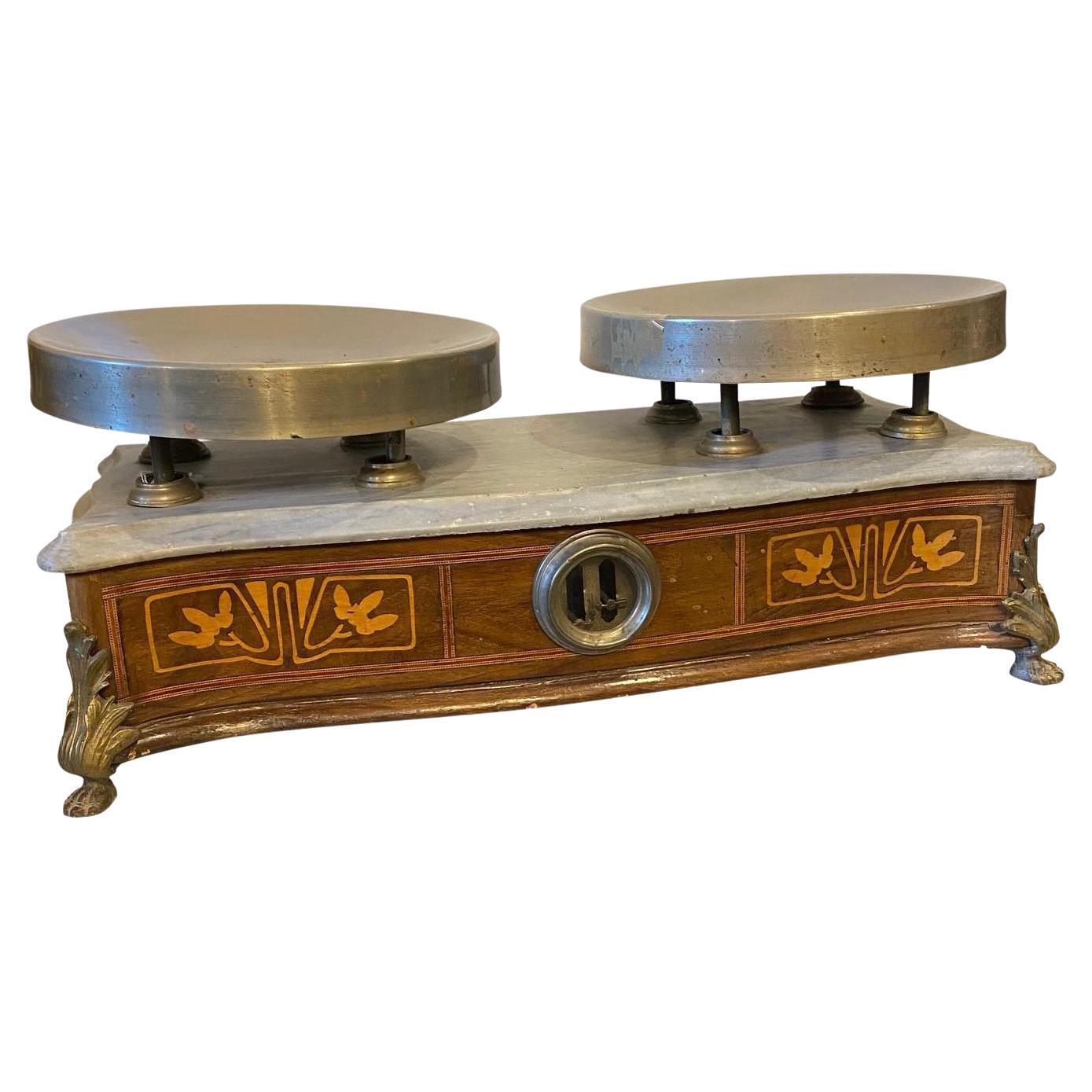 1900s Art Nouveau Italian Scale with Floral Inlays and Bronzes For Sale