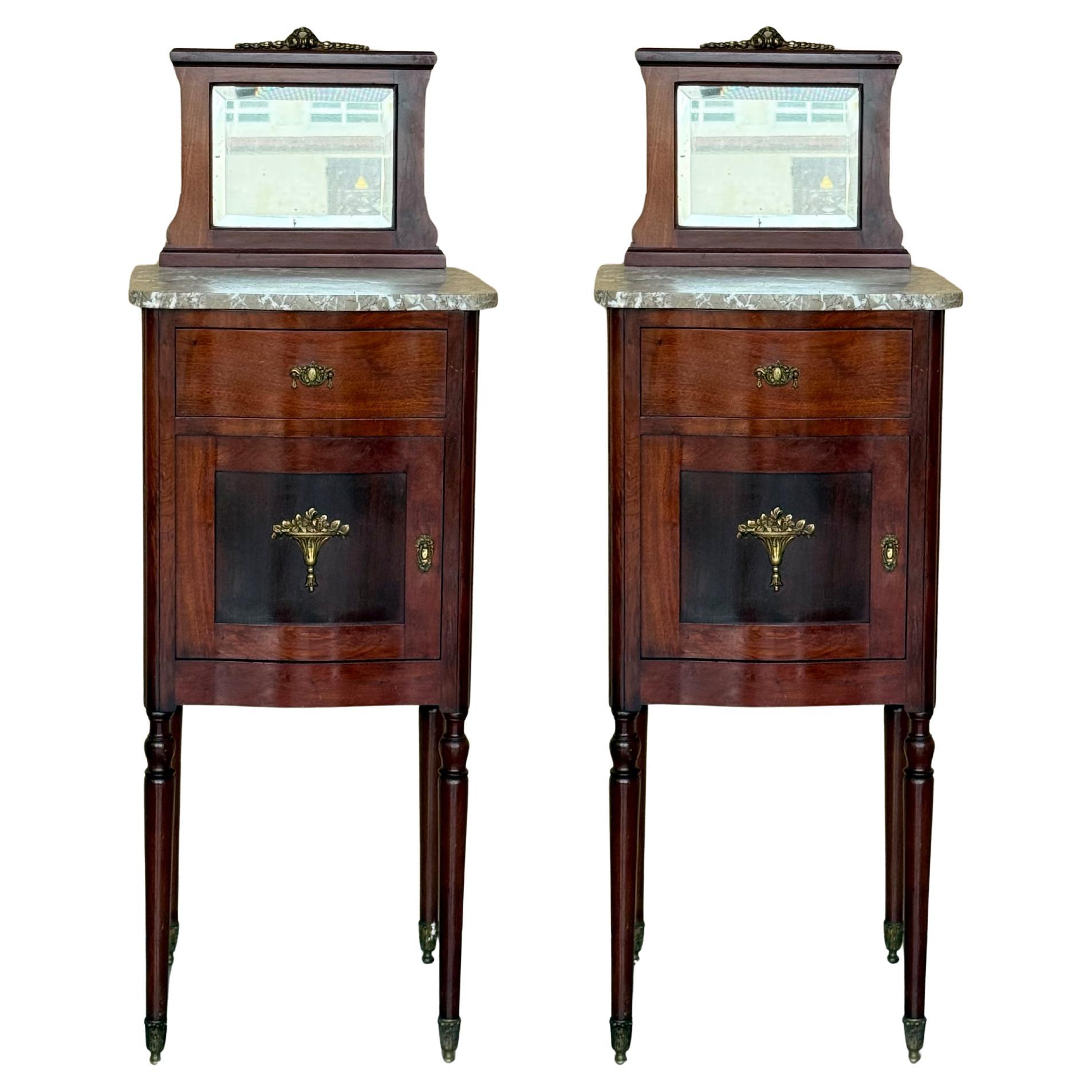 1900s, Art Nouveau Pair of Mahogany Nightstands with Crest Marble Top