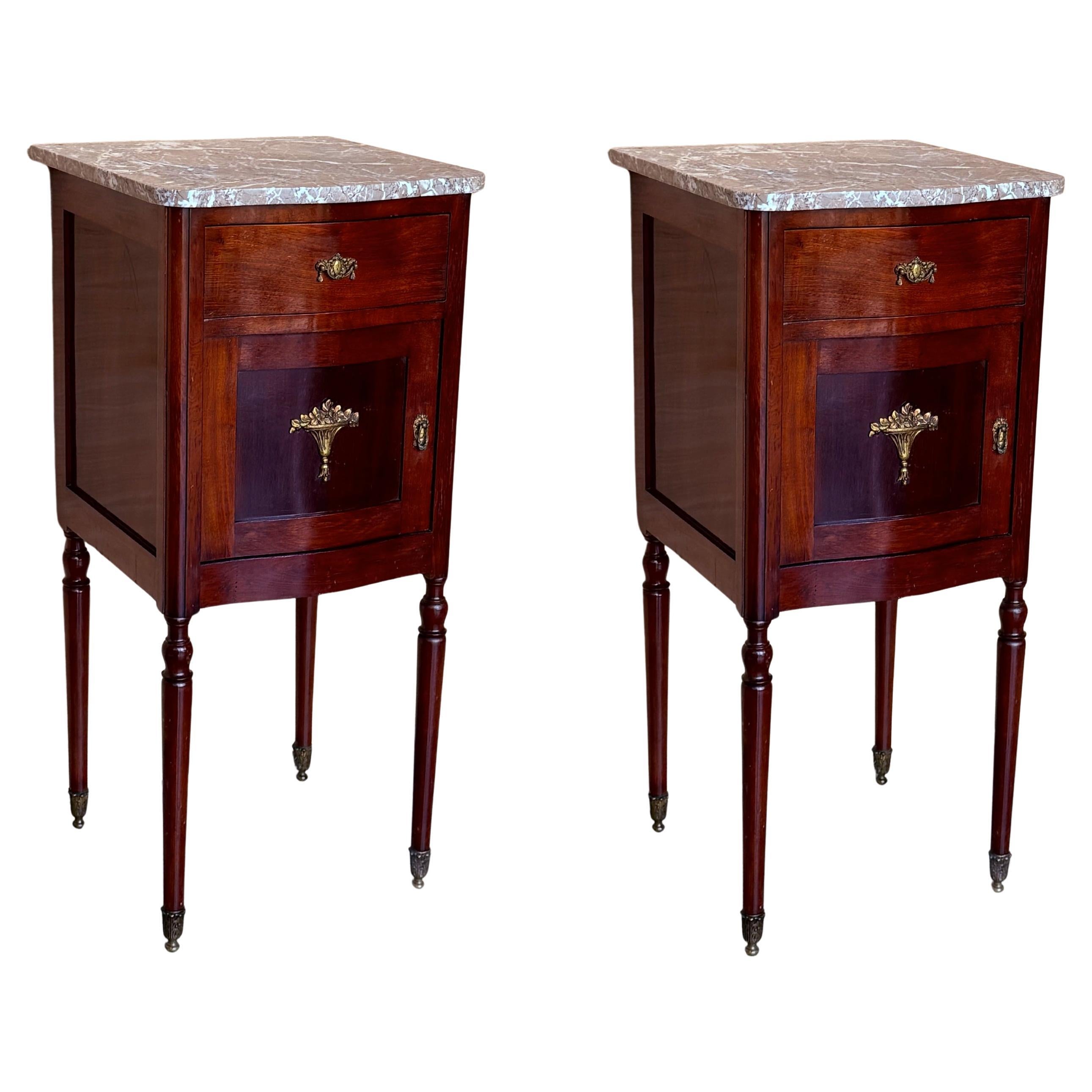 1900s, Art Nouveau Pair of Mahogany Nightstands with Marble top