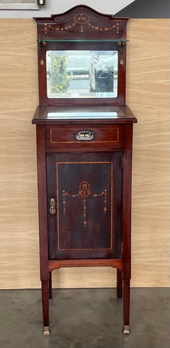 1900s, Art Nouveau Pair of Walnut Nightstands with Crest and Glass Shelve