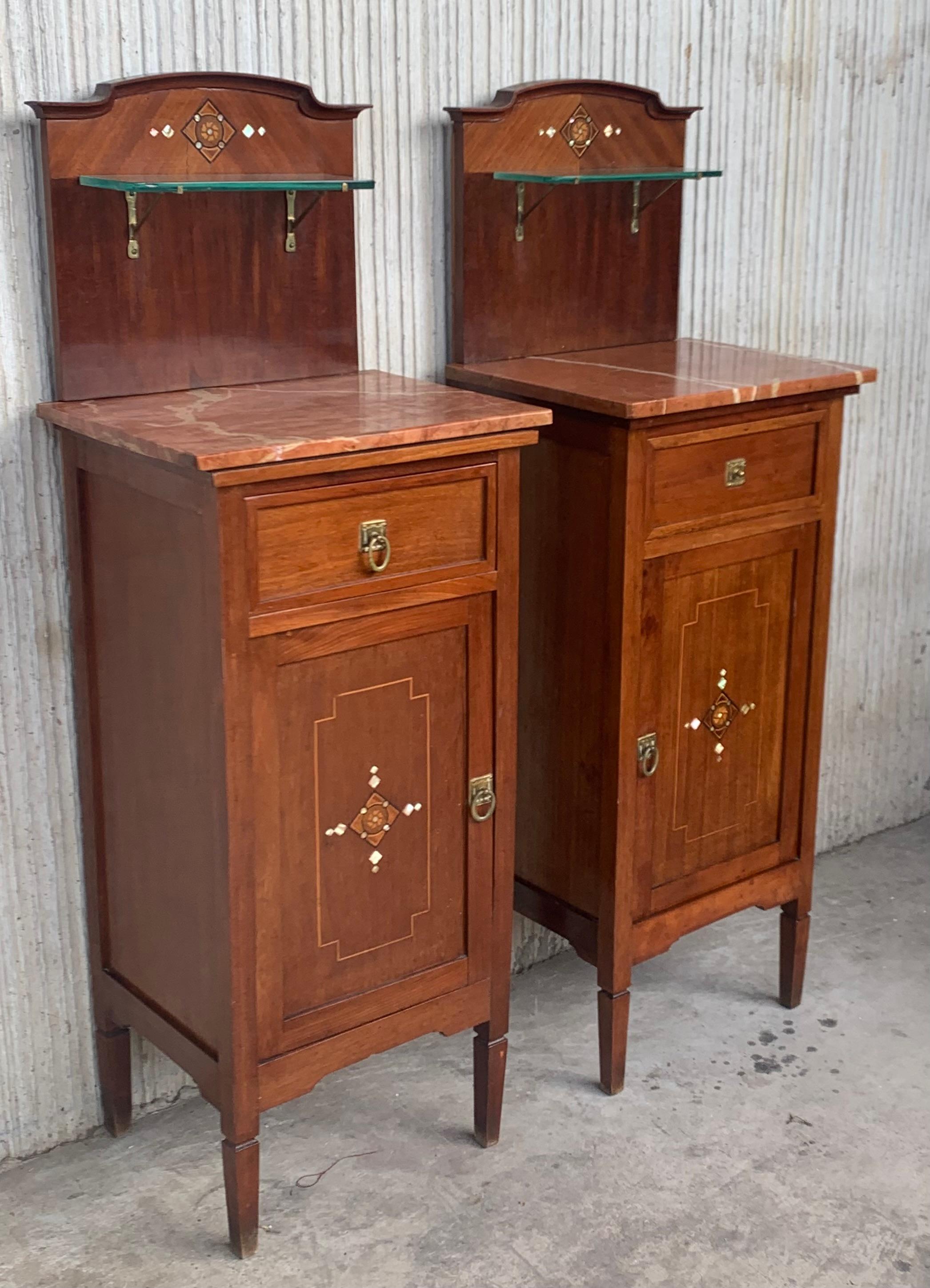 Modern 1900s, Art Nouveau Pair of Walnut Nightstands with Crest and Glass Shelve