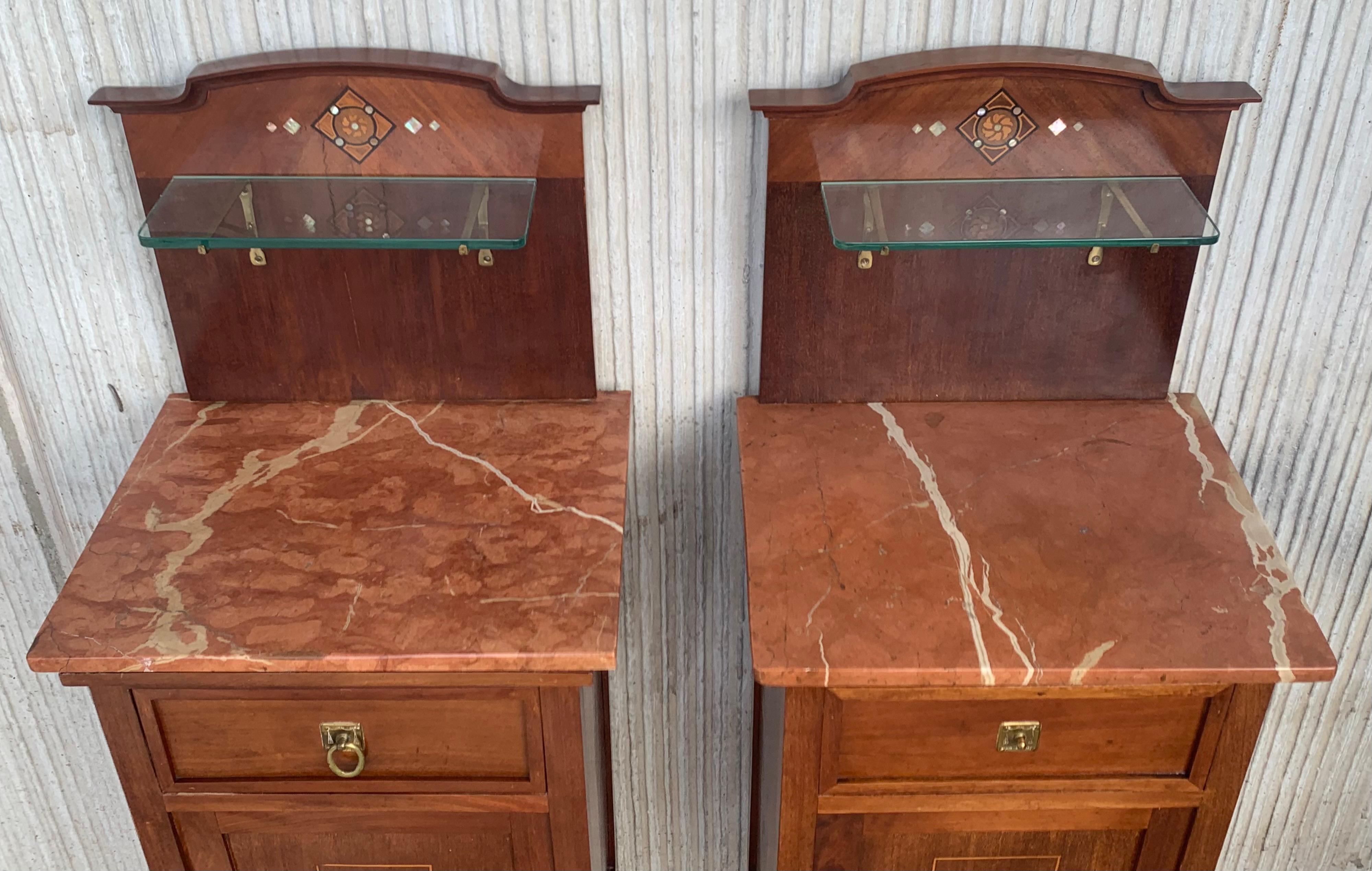 20th Century 1900s, Art Nouveau Pair of Walnut Nightstands with Crest and Glass Shelve