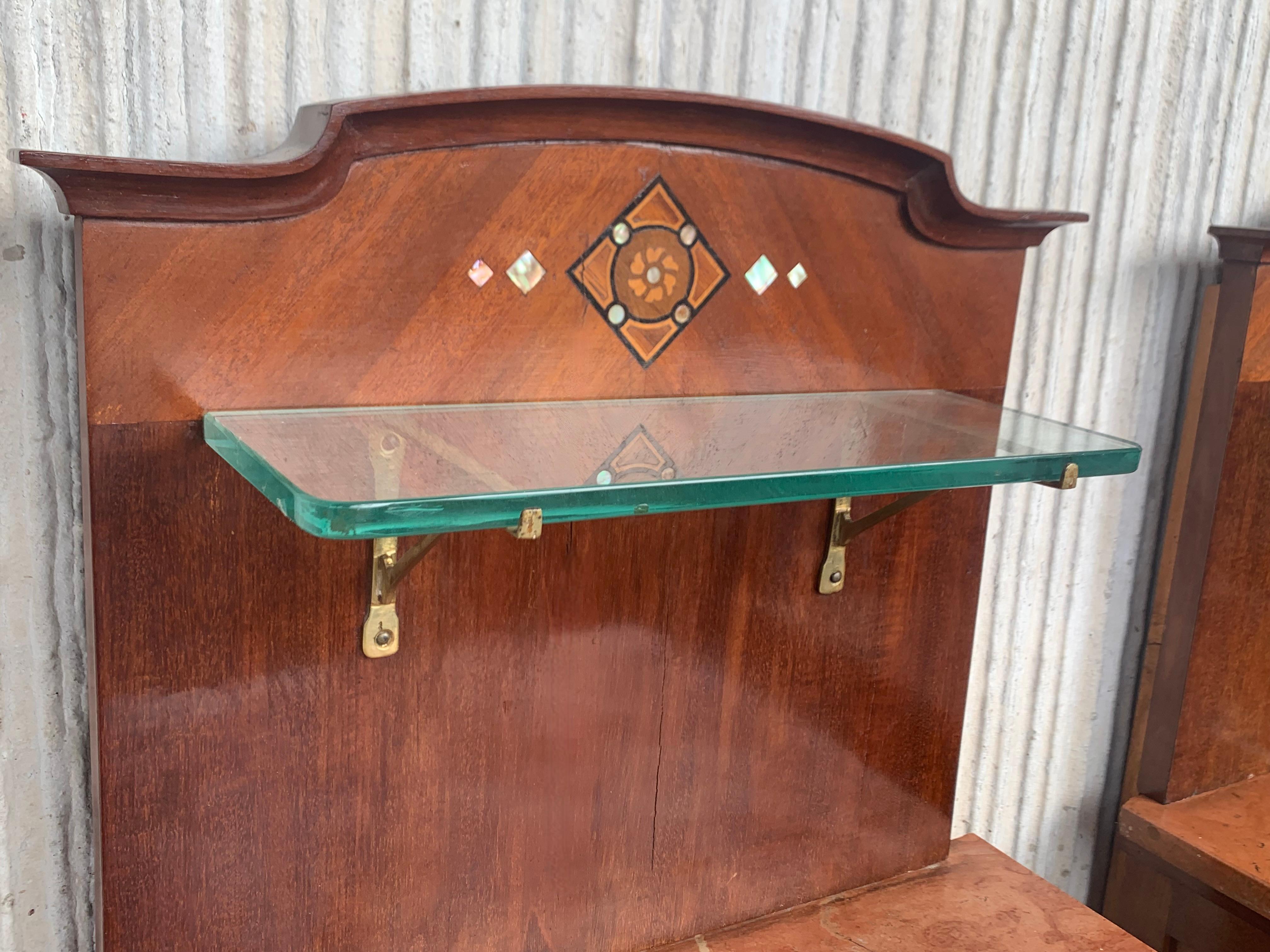 Bronze 1900s, Art Nouveau Pair of Walnut Nightstands with Crest and Glass Shelve