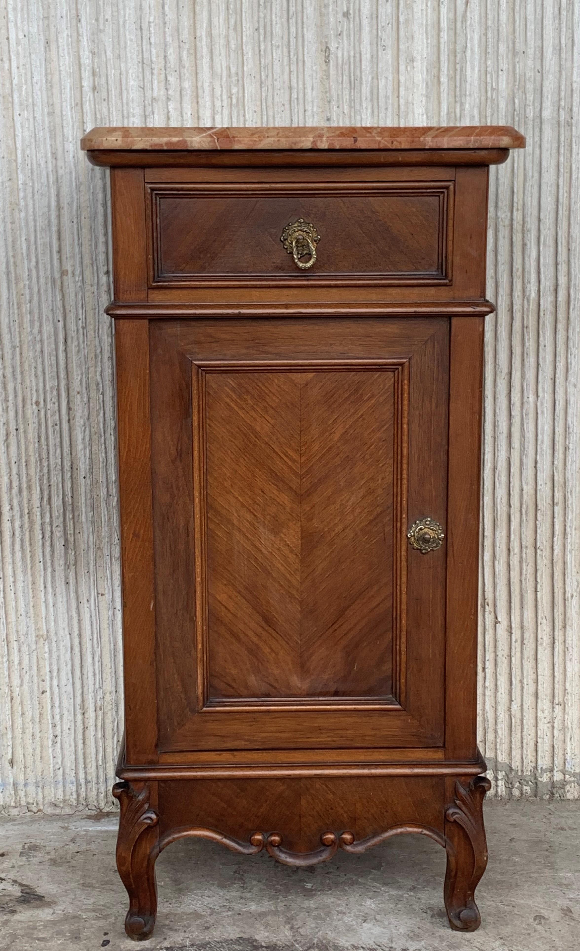 Late 19th century Art Nouveau pair of nightstands in walnut, bronze handles, restored and polished to wax.
  