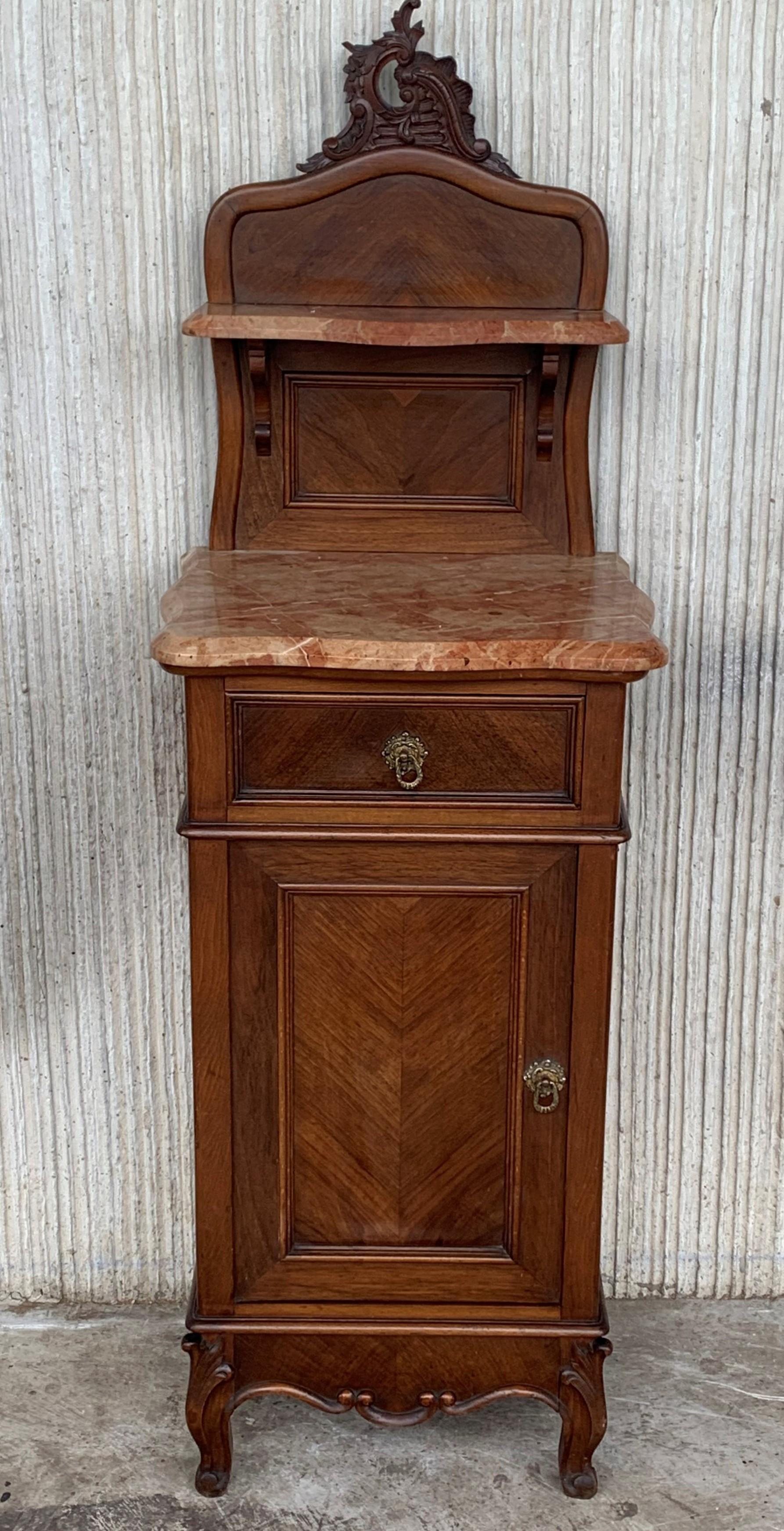 Spanish 1900s, Art Nouveau Pair of Walnut Nightstands with Crest and Marble Top