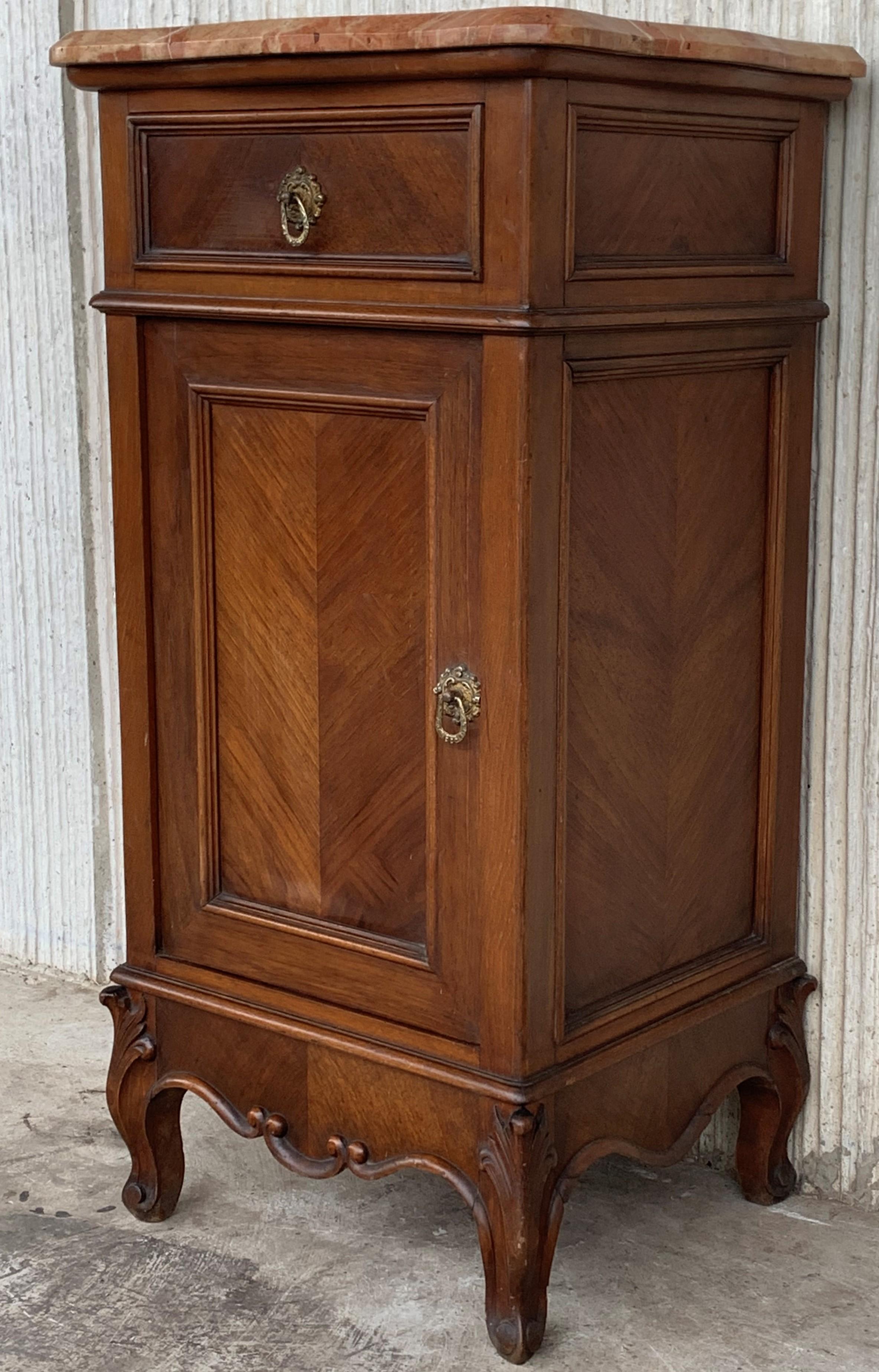 Spanish 1900s, Art Nouveau Pair of Walnut Nightstands with Crest and Marble Top
