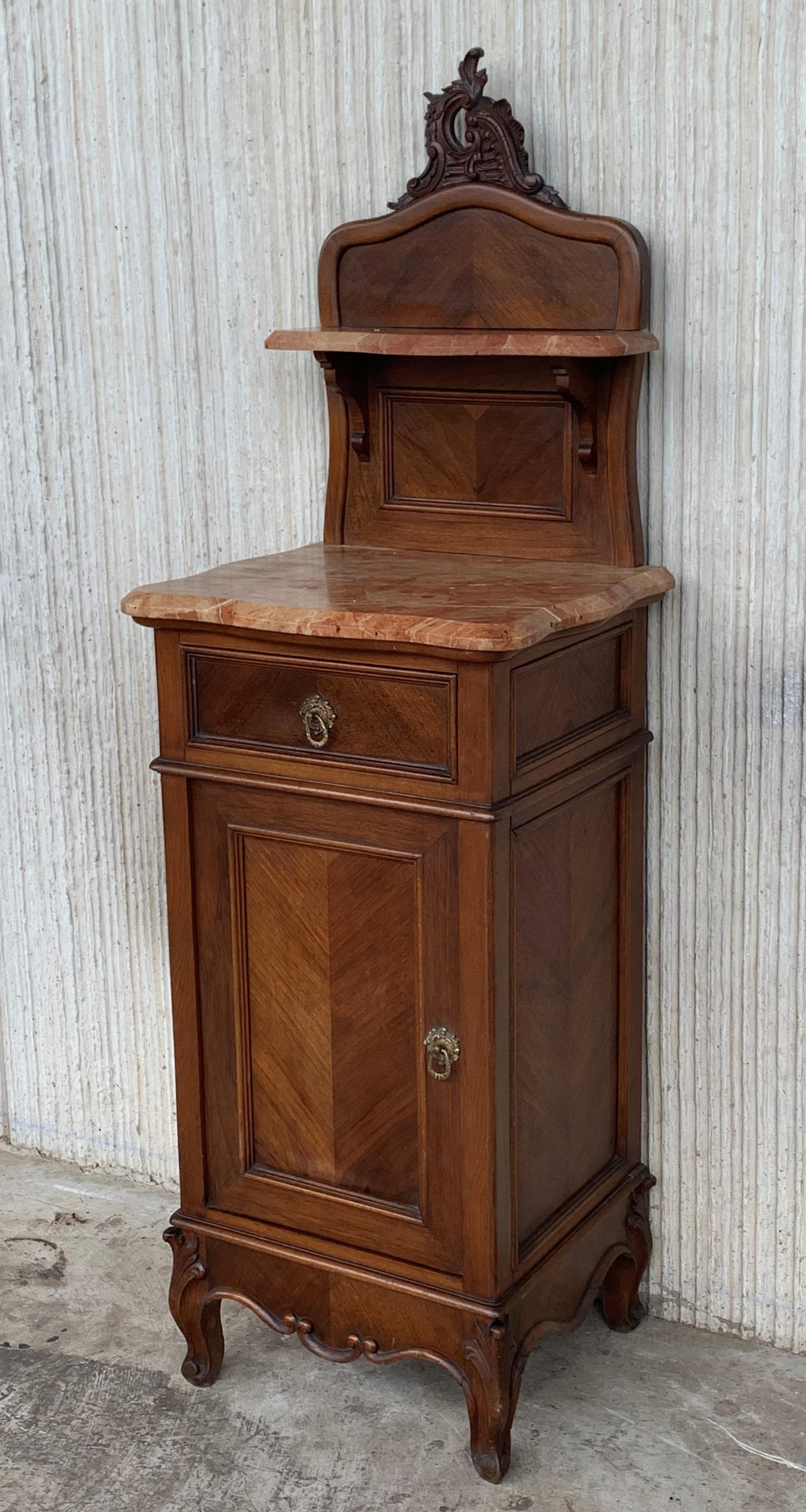 20th Century 1900s, Art Nouveau Pair of Walnut Nightstands with Crest and Marble Top