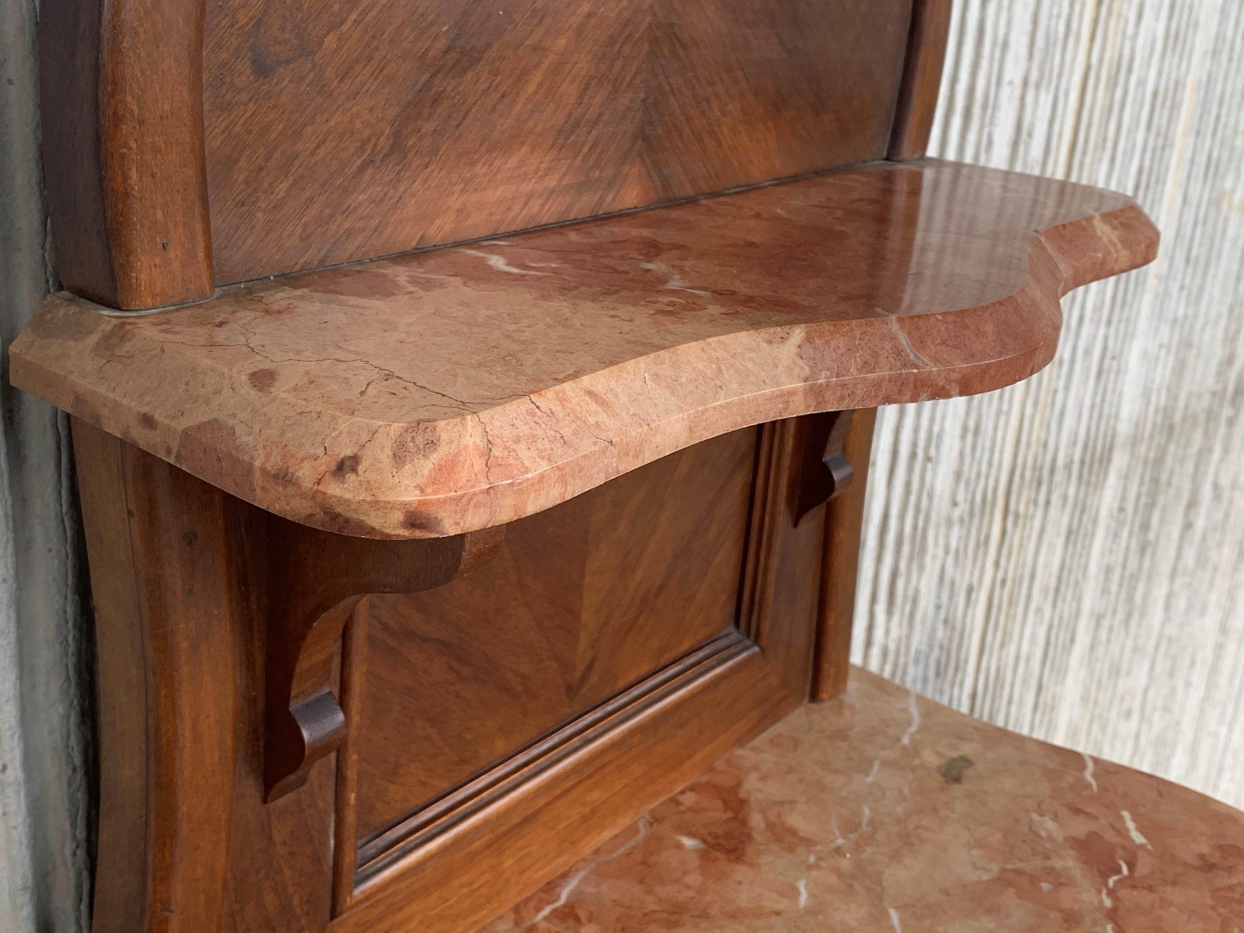 1900s, Art Nouveau Pair of Walnut Nightstands with Crest and Marble Top 2