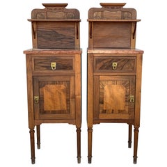 1900s, Art Nouveau Pair of Walnut Nightstands with Crest and Marble Top