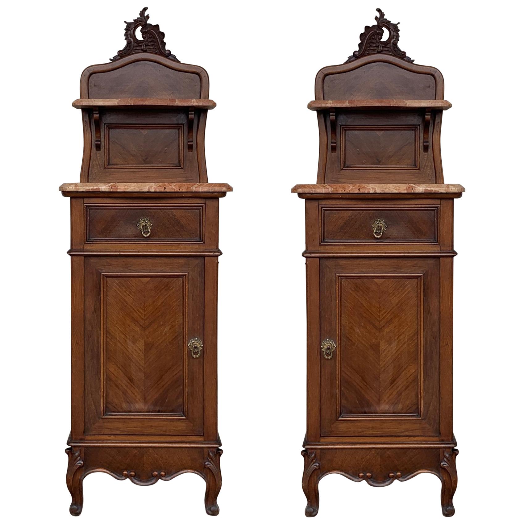 1900s, Art Nouveau Pair of Walnut Nightstands with Crest and Marble Top