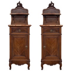 1900s, Art Nouveau Pair of Walnut Nightstands with Crest and Marble Top