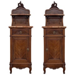 1900s, Art Nouveau Pair of Walnut Nightstands with Crest and Marble Top