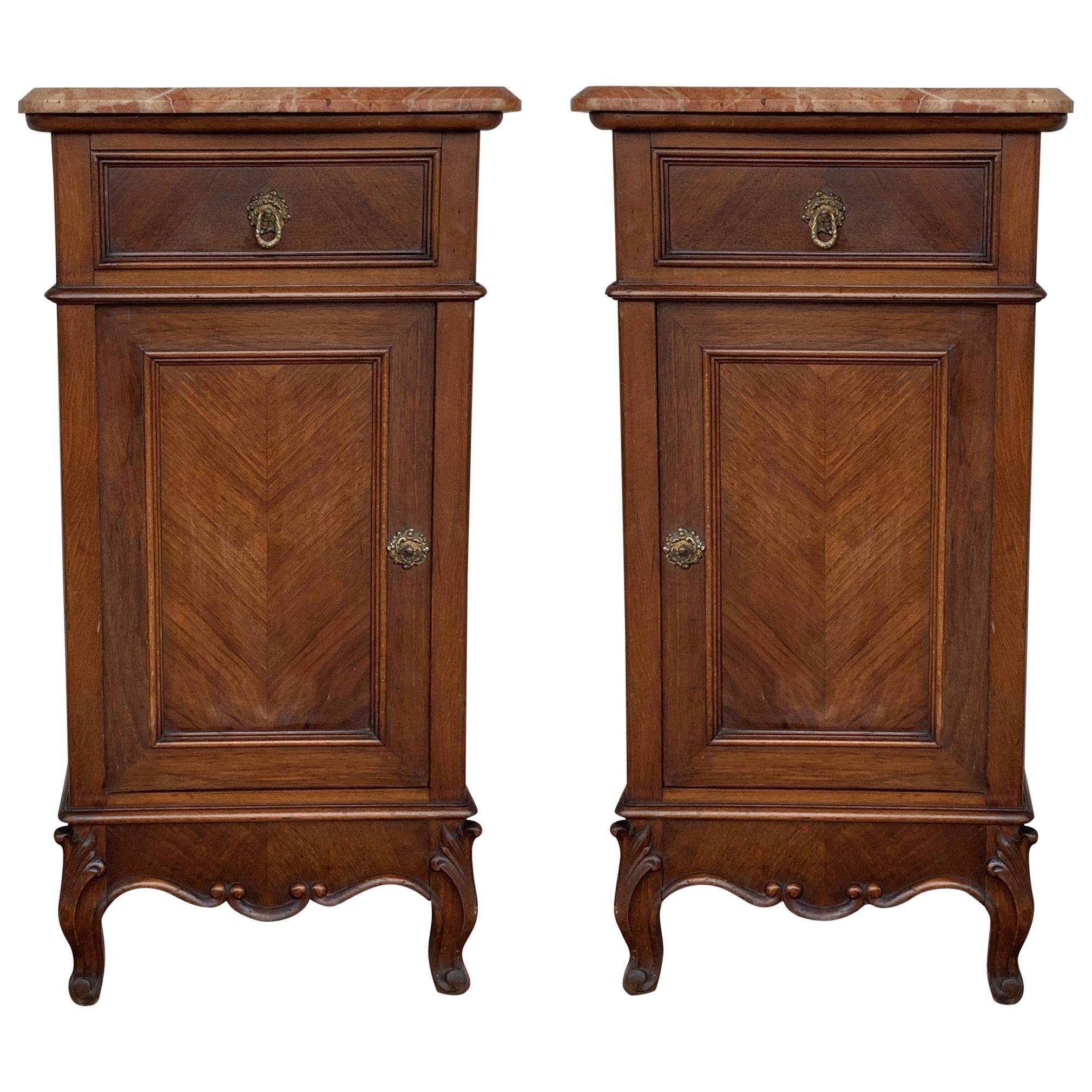1900s, Art Nouveau Pair of Walnut Nightstands with Crest and Marble Top