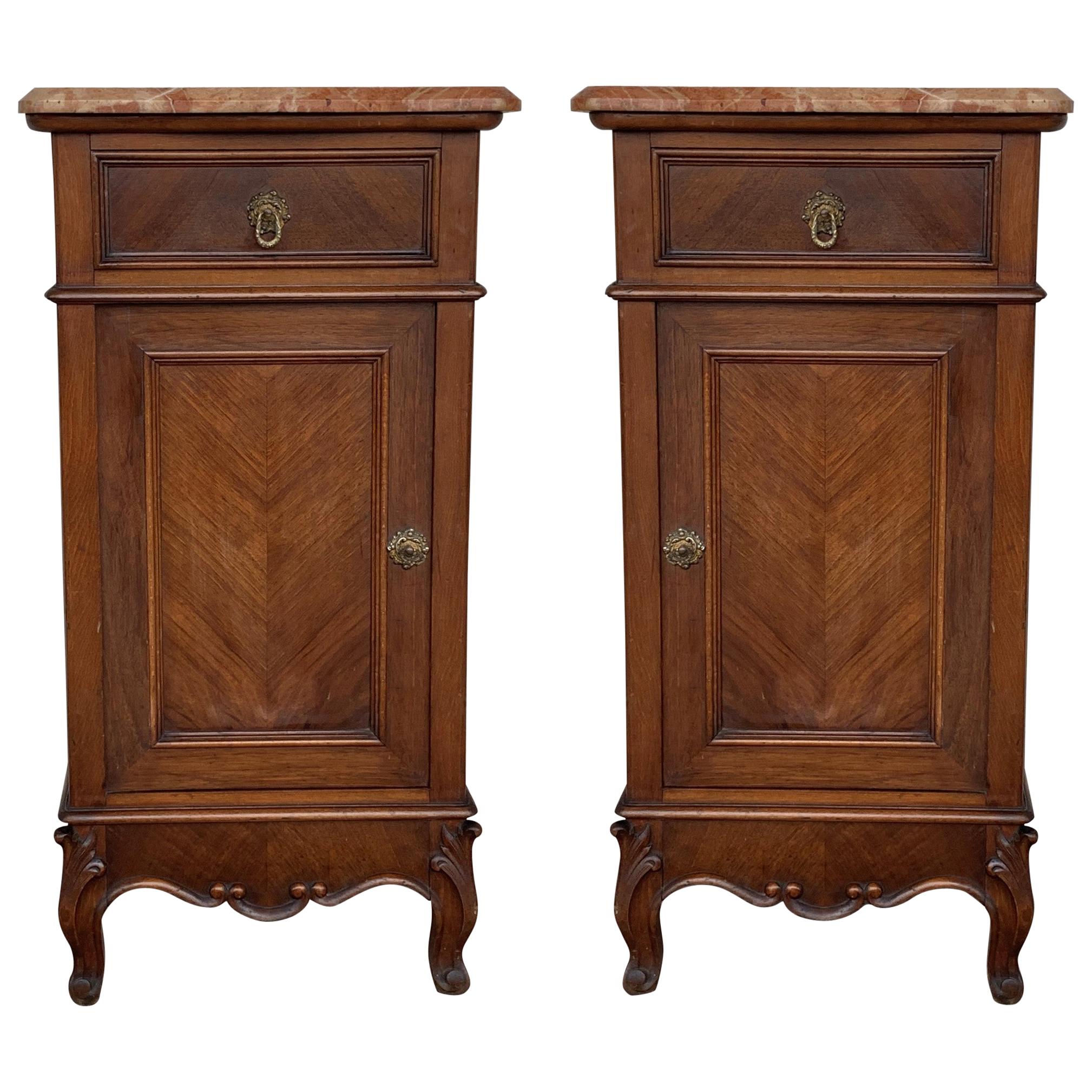 1900s, Art Nouveau Pair of Walnut Nightstands with Crest and Marble Top