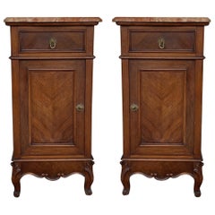 1900s, Art Nouveau Pair of Walnut Nightstands with Crest and Marble Top