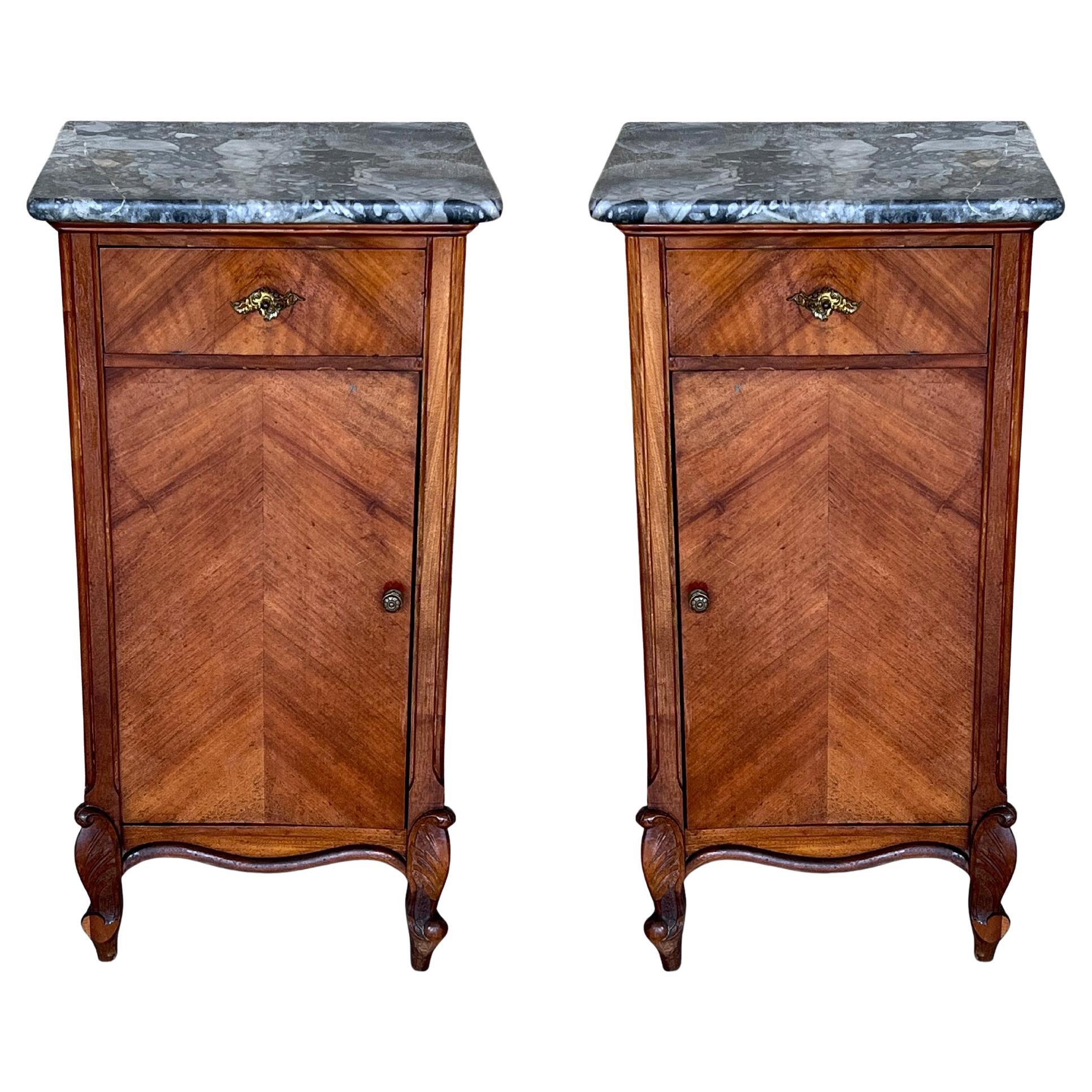 1900s, Art Nouveau Pair of Walnut Nightstands with Crest and Marble Top