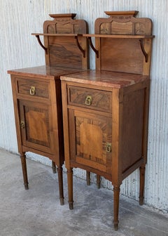 1900s, Art Nouveau Pair of Walnut Nightstands with Crest and Marble Top