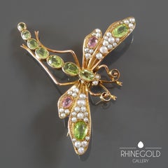 1900s Art Nouveau Peridot Tourmaline Pearl Gold Dragonfly Brooch Suffragettes