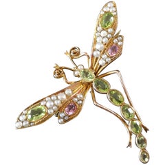 Antique 1900s Art Nouveau Peridot Tourmaline Pearl Gold Dragonfly Brooch Suffragettes
