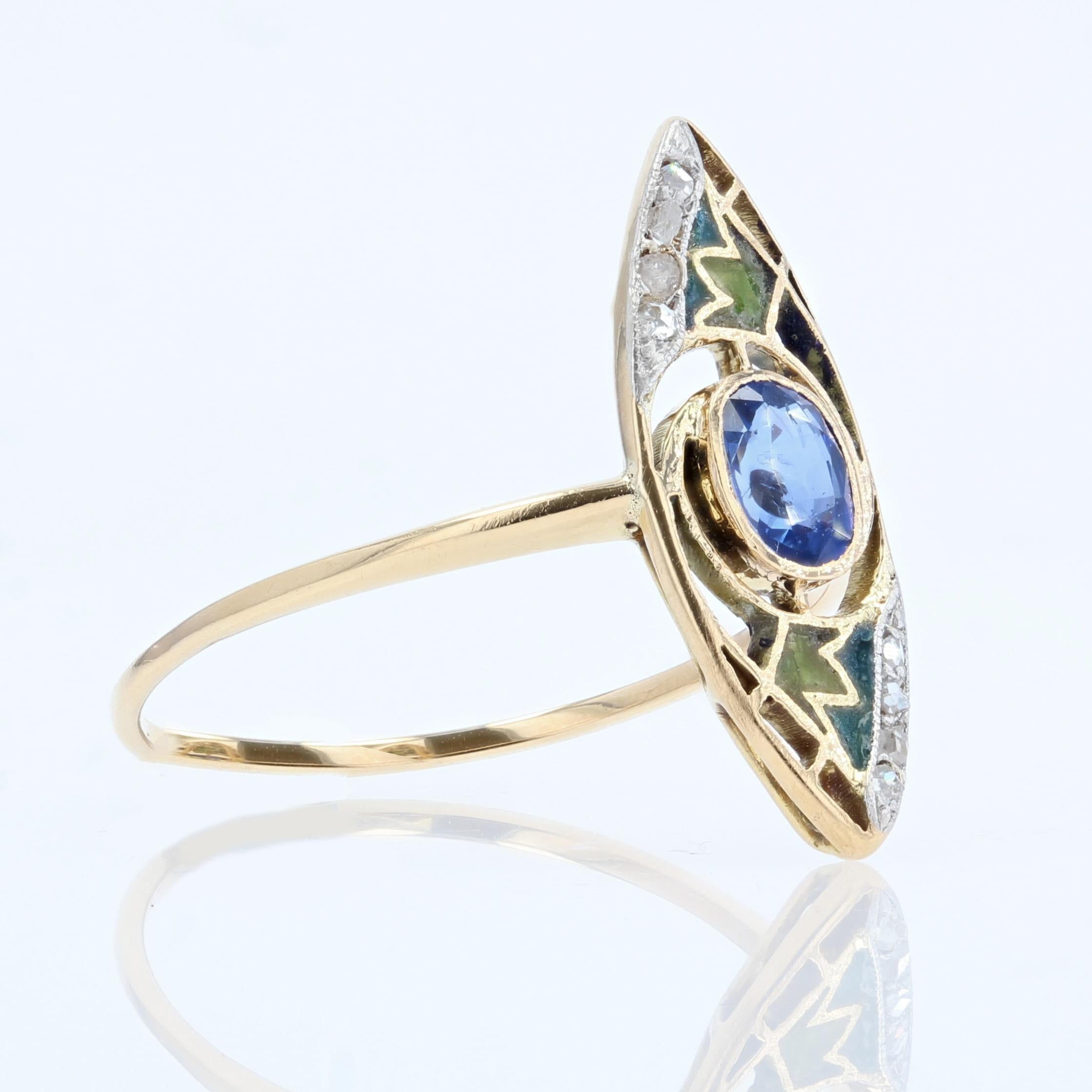 1900s Art Nouveau Sapphire Enamel 18 Karat Yellow Gold Ring For Sale 5