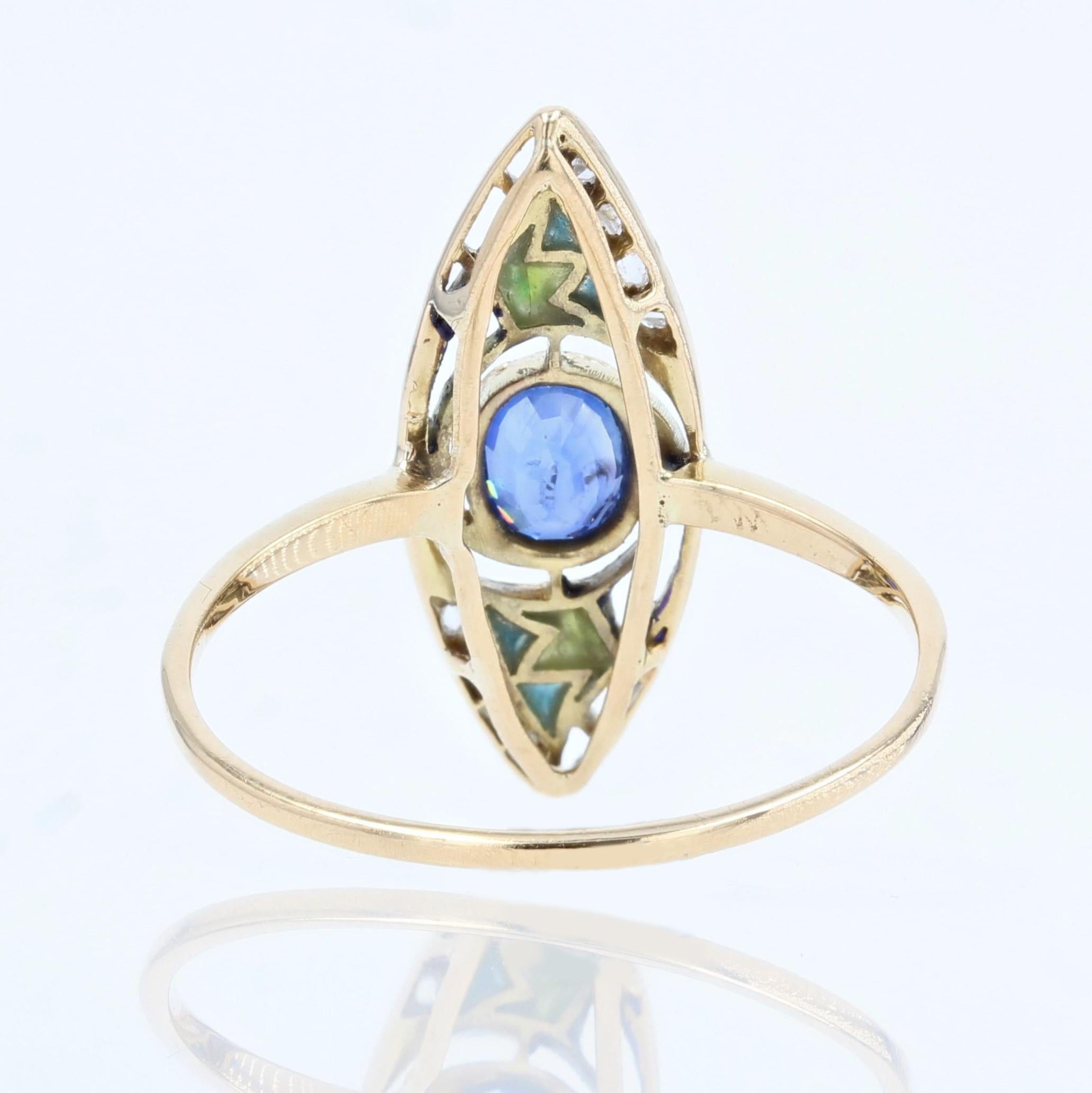 1900s Art Nouveau Sapphire Enamel 18 Karat Yellow Gold Ring For Sale 7