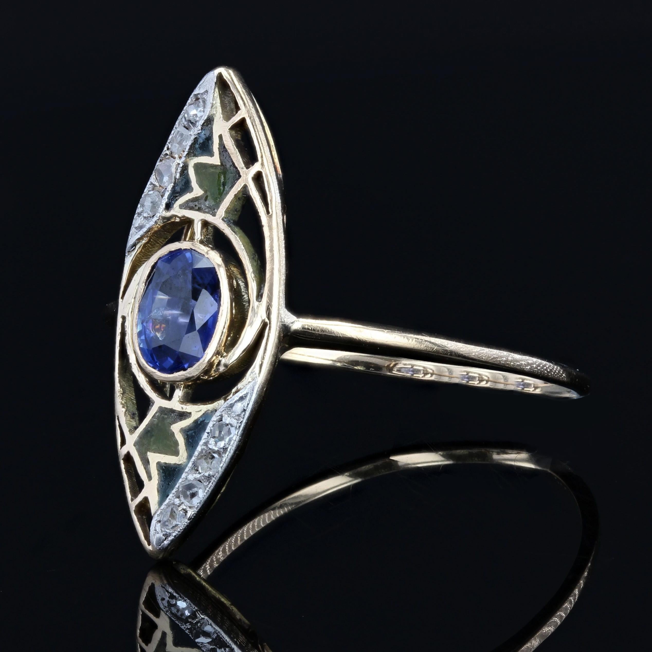 Women's 1900s Art Nouveau Sapphire Enamel 18 Karat Yellow Gold Ring For Sale