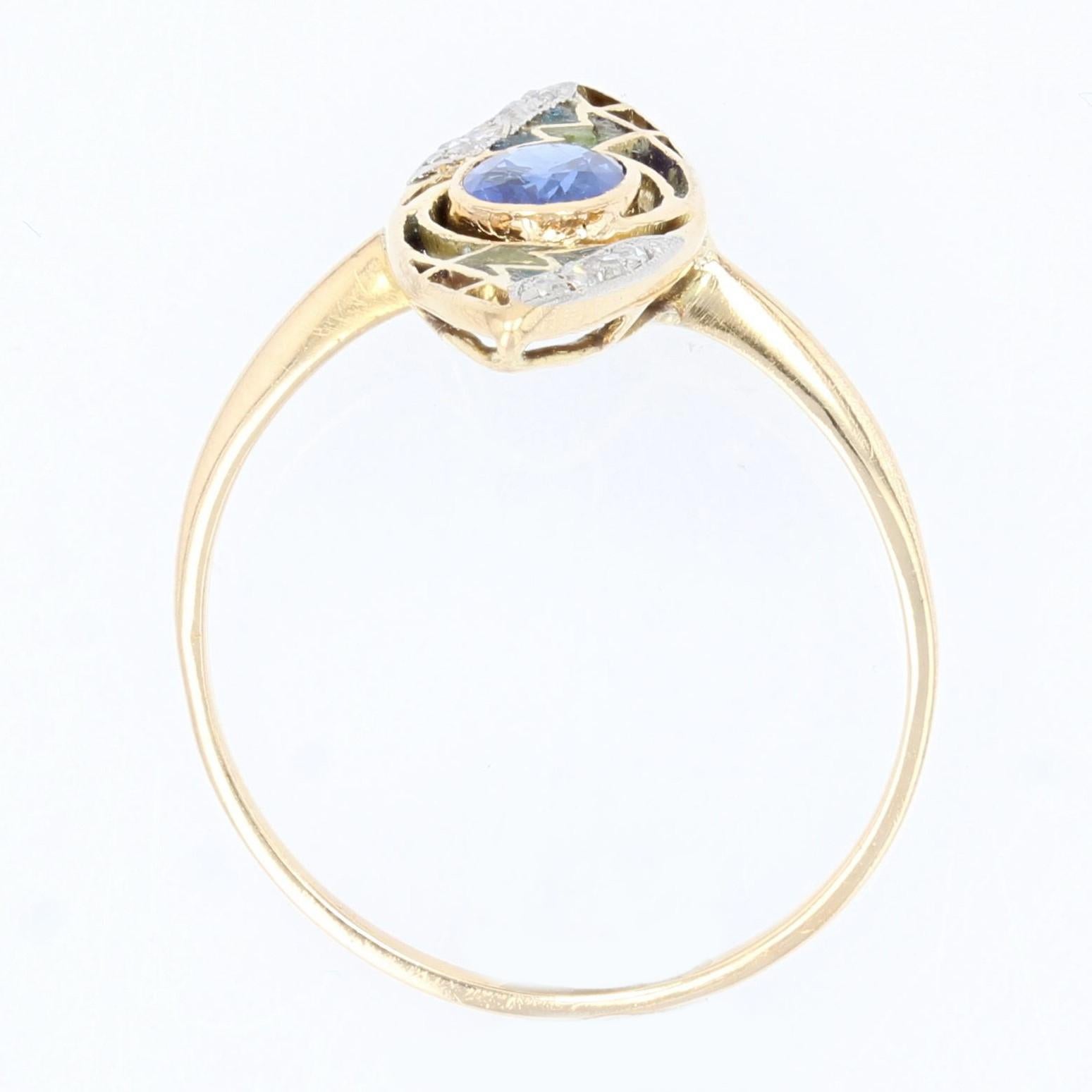 1900s Art Nouveau Sapphire Enamel 18 Karat Yellow Gold Ring For Sale 1