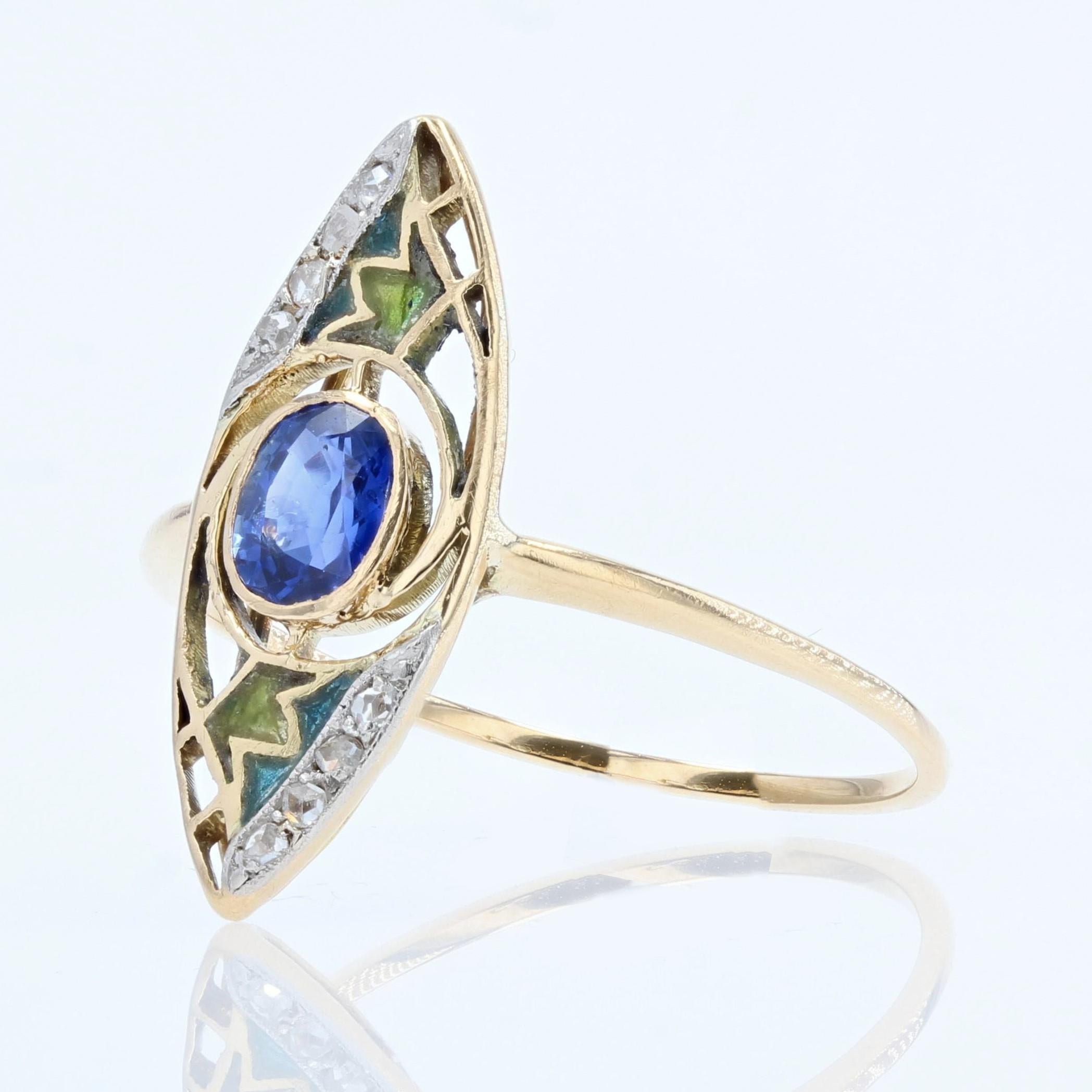 1900s Art Nouveau Sapphire Enamel 18 Karat Yellow Gold Ring For Sale 3